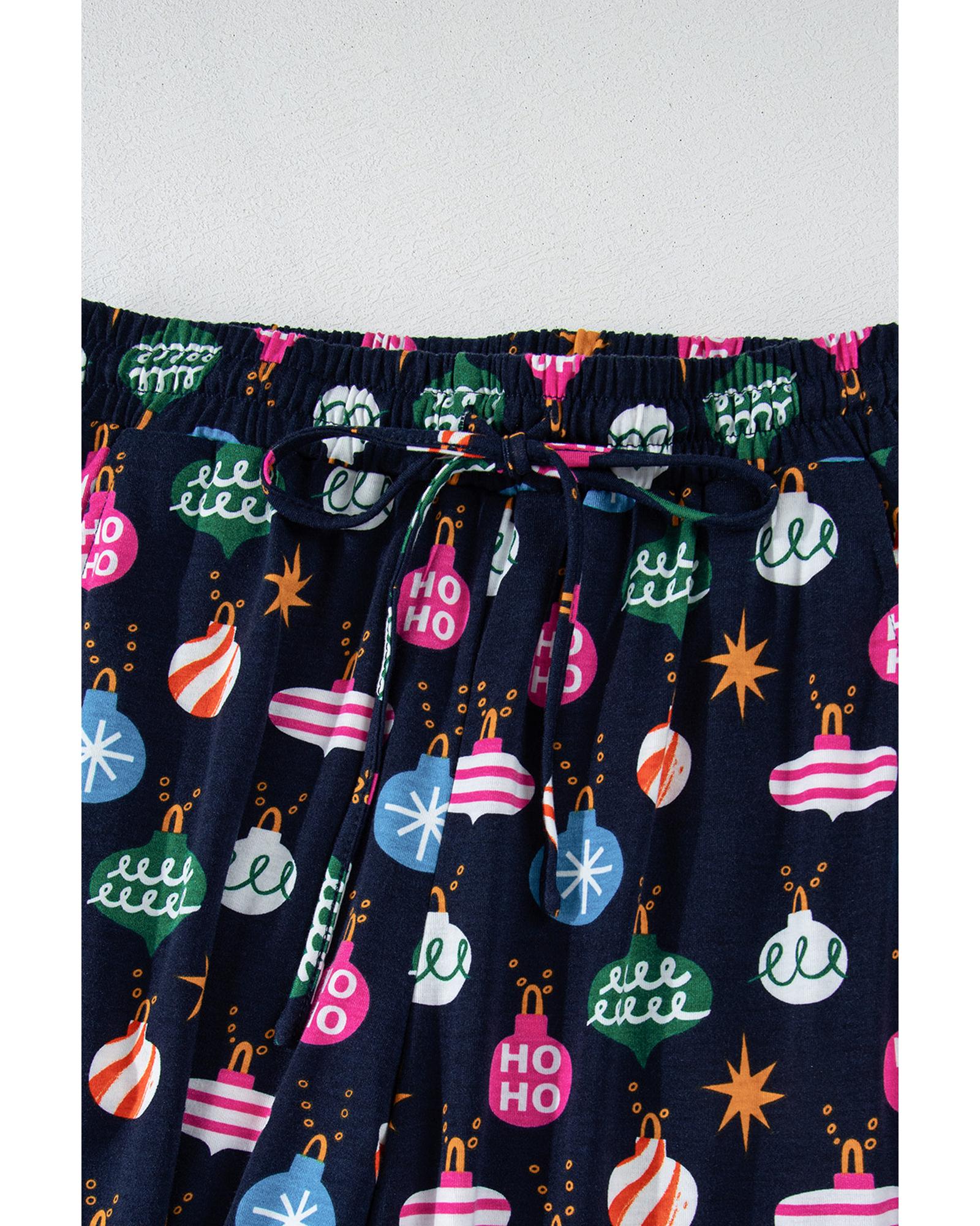 Navy Blue Colorful Christmas Lights Print Shirt and Pants Pajama Set - S