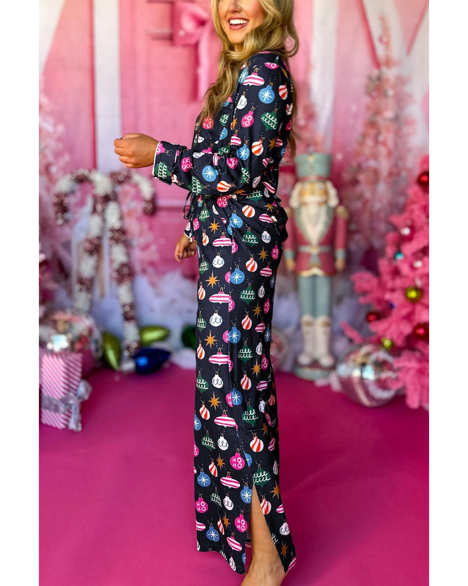 Navy Blue Colorful Christmas Lights Print Shirt and Pants Pajama Set - S