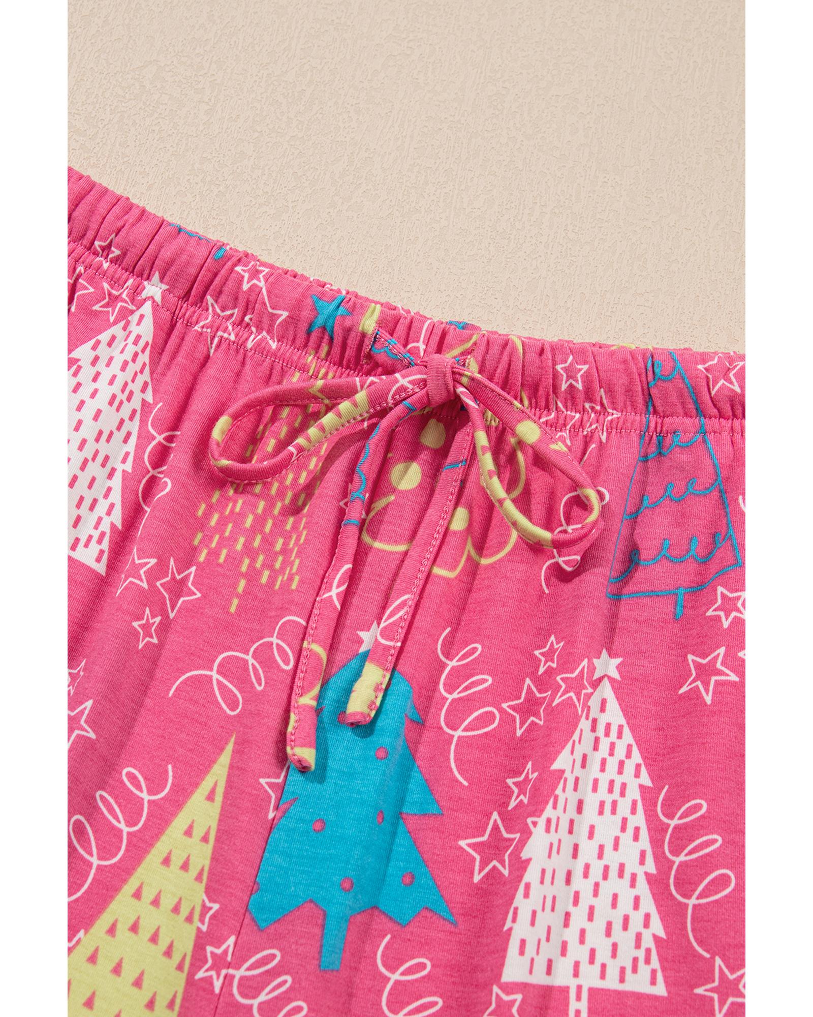Rose Christmas Tree Print V Neck Tee and Pants Lounge Set - L
