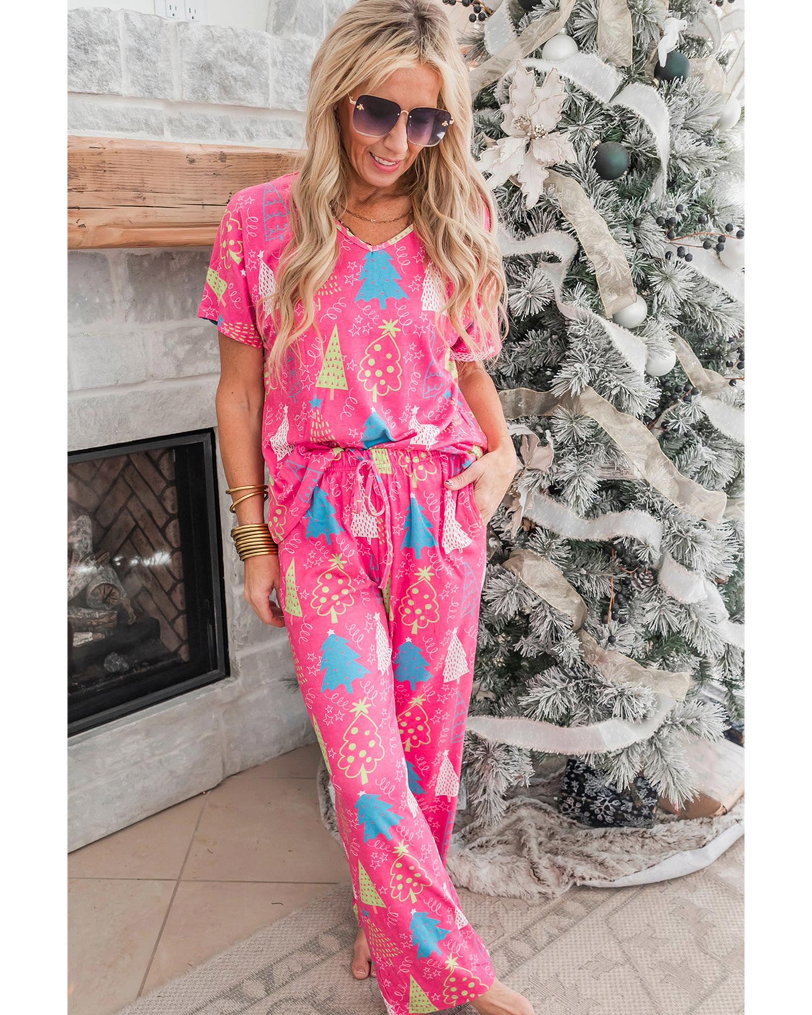 Rose Christmas Tree Print V Neck Tee and Pants Lounge Set - XL