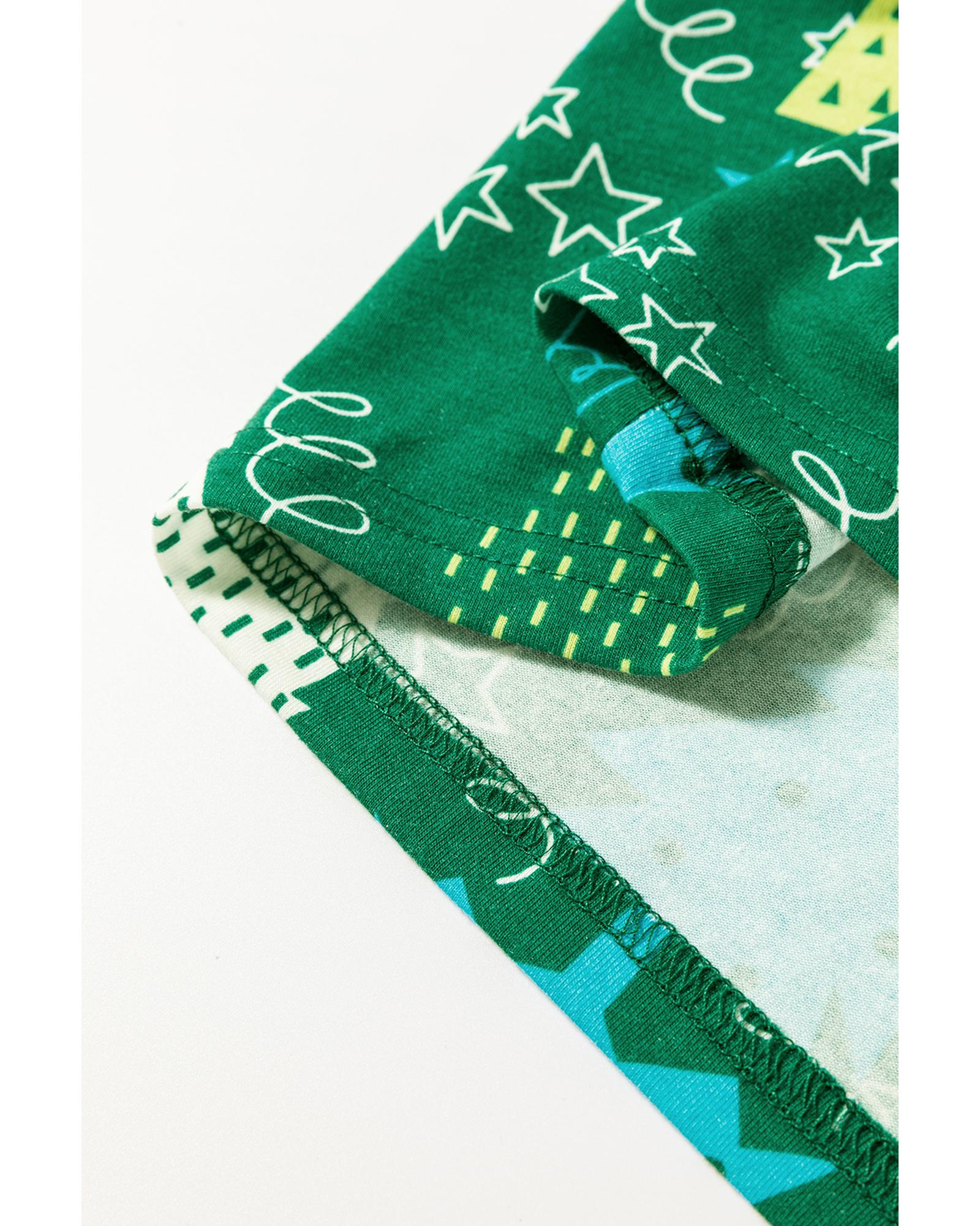 Green Christmas Tree Print V Neck Tee and Pants Lounge Set - L