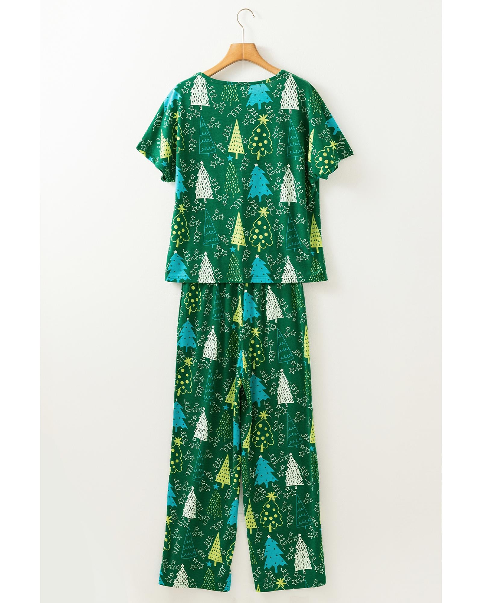 Green Christmas Tree Print V Neck Tee and Pants Lounge Set - XL