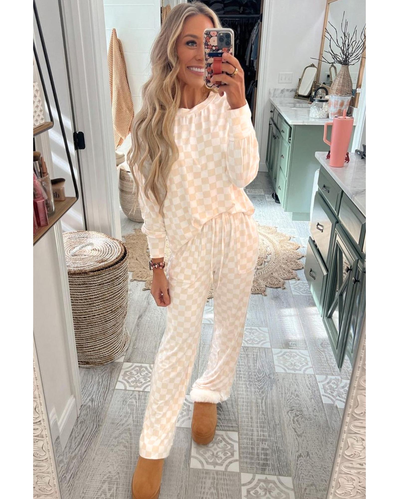 Beige Checkered Print Long Sleeve Top and Pants Lounge Set - L