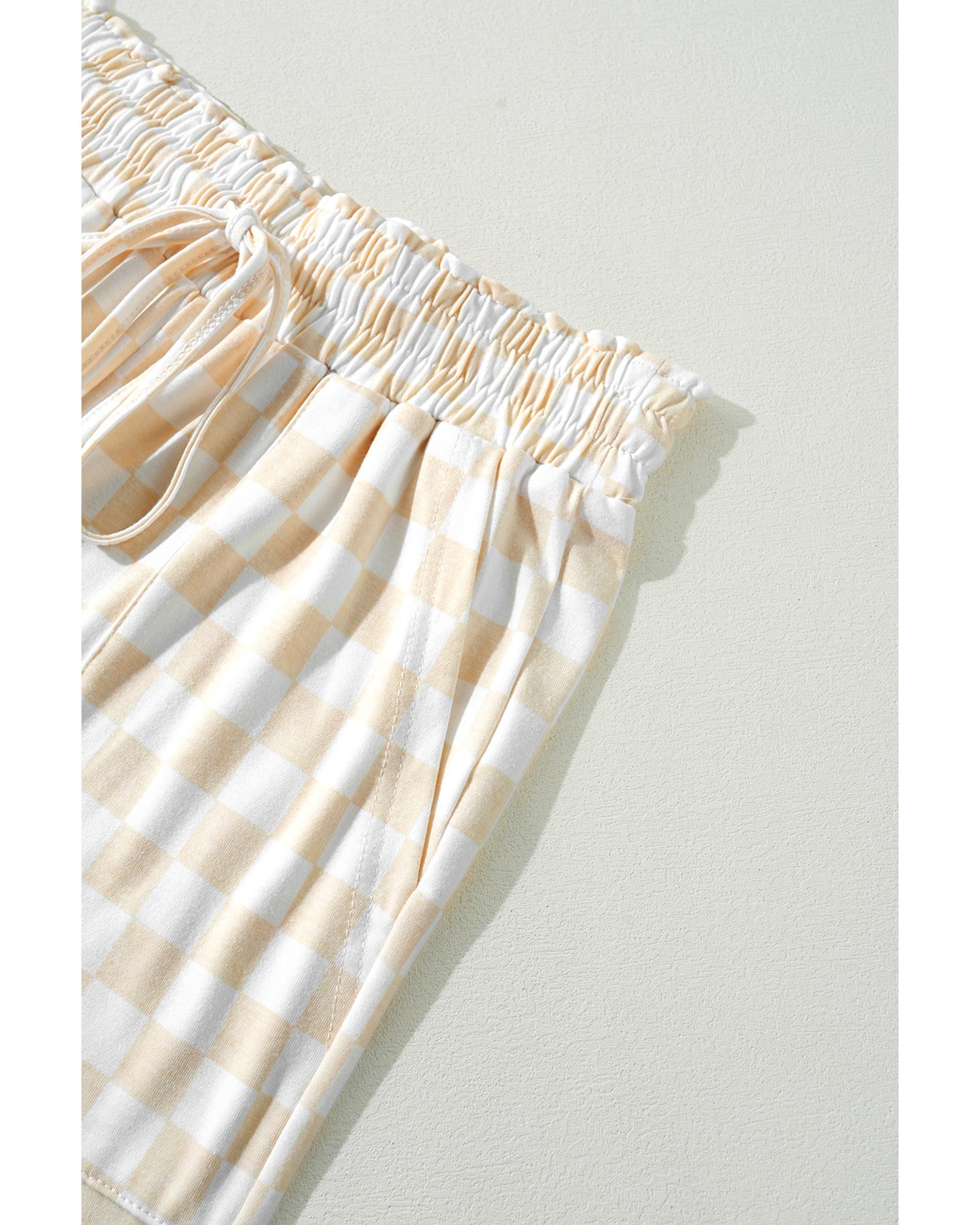 Beige Checkered Print Long Sleeve Top and Pants Lounge Set - L