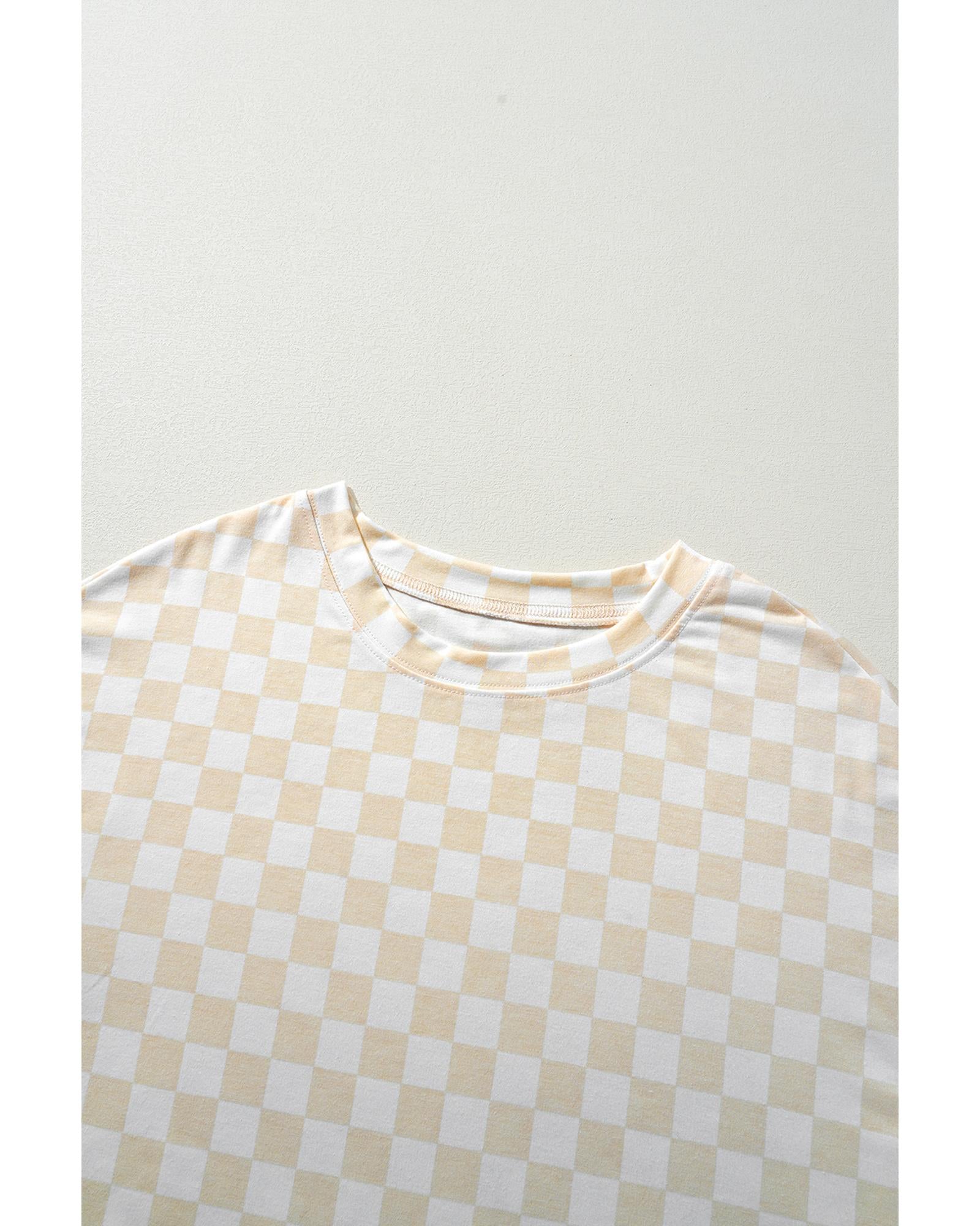 Beige Checkered Print Long Sleeve Top and Pants Lounge Set - L