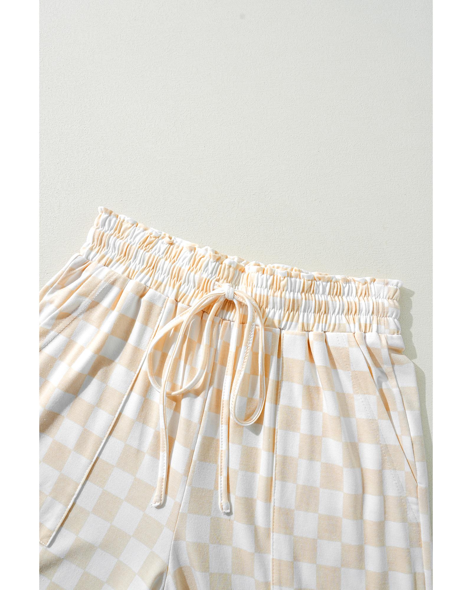 Beige Checkered Print Long Sleeve Top and Pants Lounge Set - L