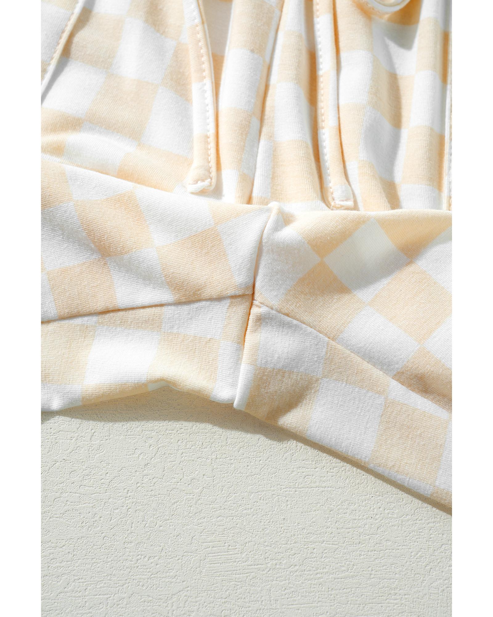 Beige Checkered Print Long Sleeve Top and Pants Lounge Set - M