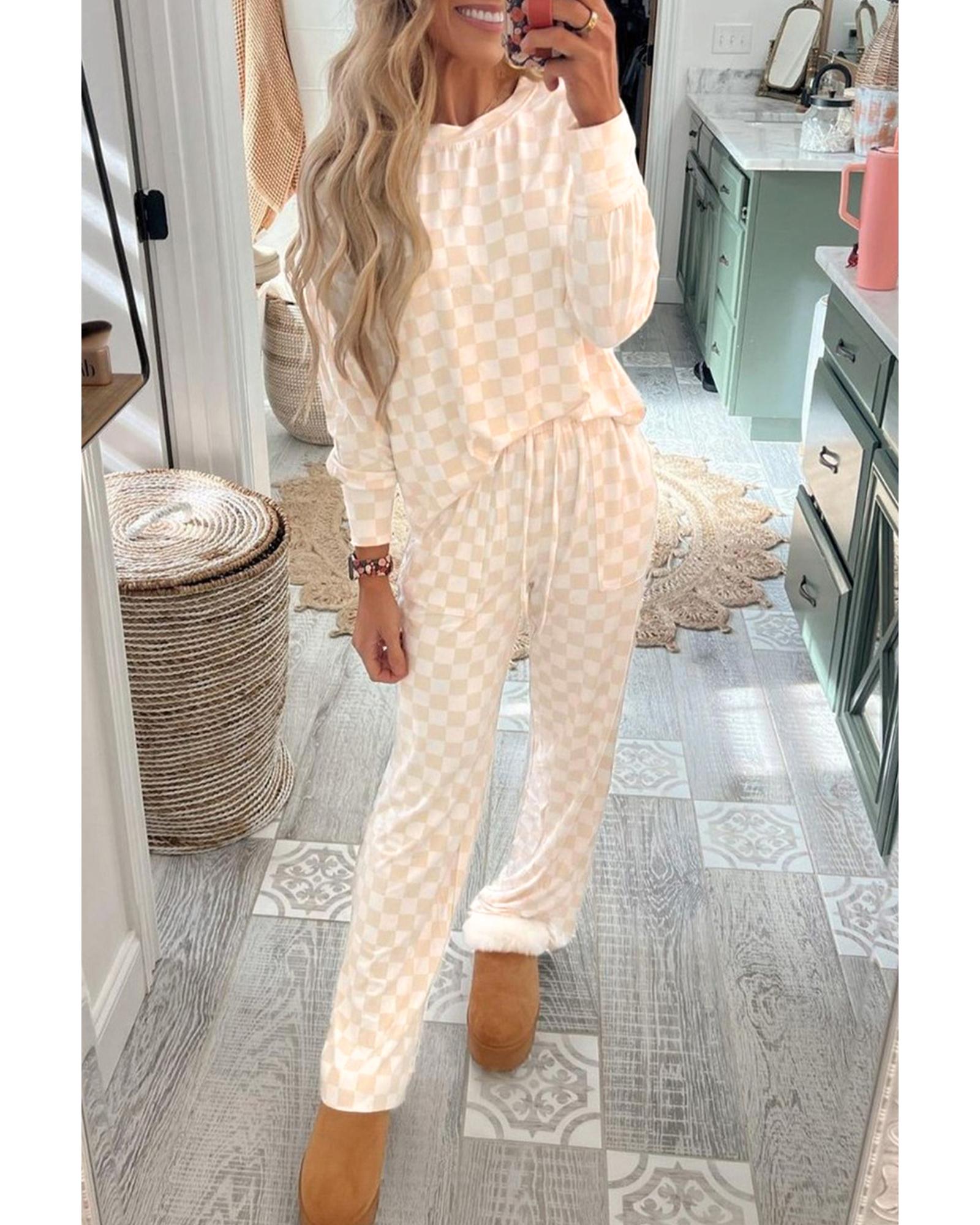 Beige Checkered Print Long Sleeve Top and Pants Lounge Set - M