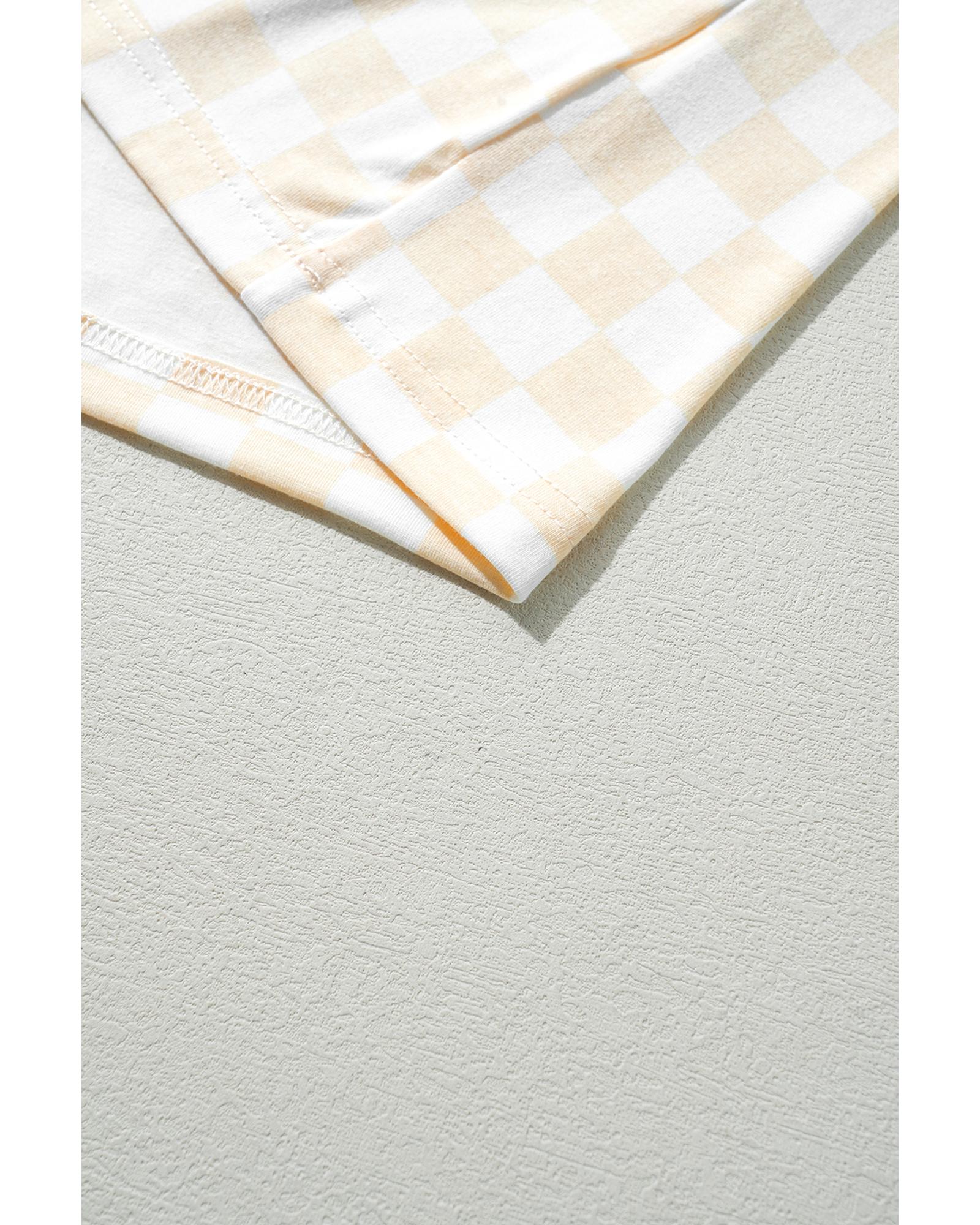 Beige Checkered Print Long Sleeve Top and Pants Lounge Set - M