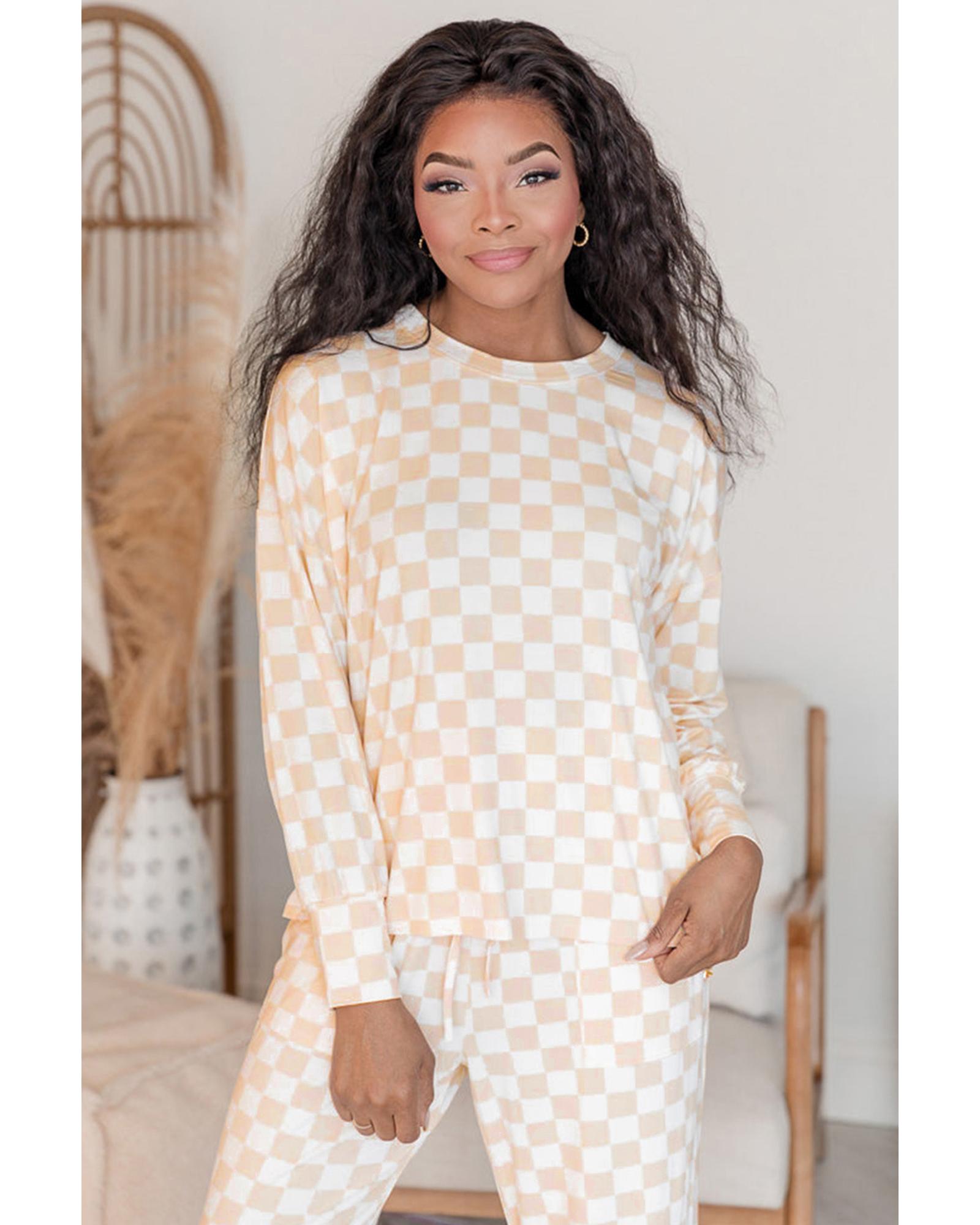 Beige Checkered Print Long Sleeve Top and Pants Lounge Set - XL