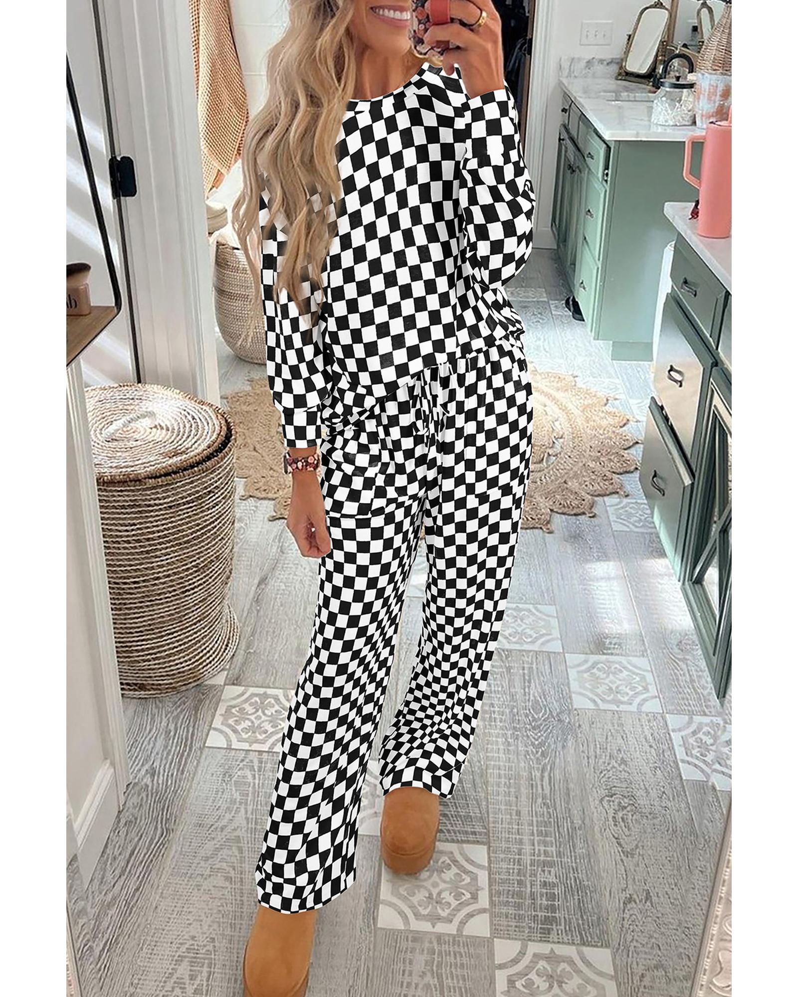 Black Checkered Print Long Sleeve Top and Pants Lounge Set - L