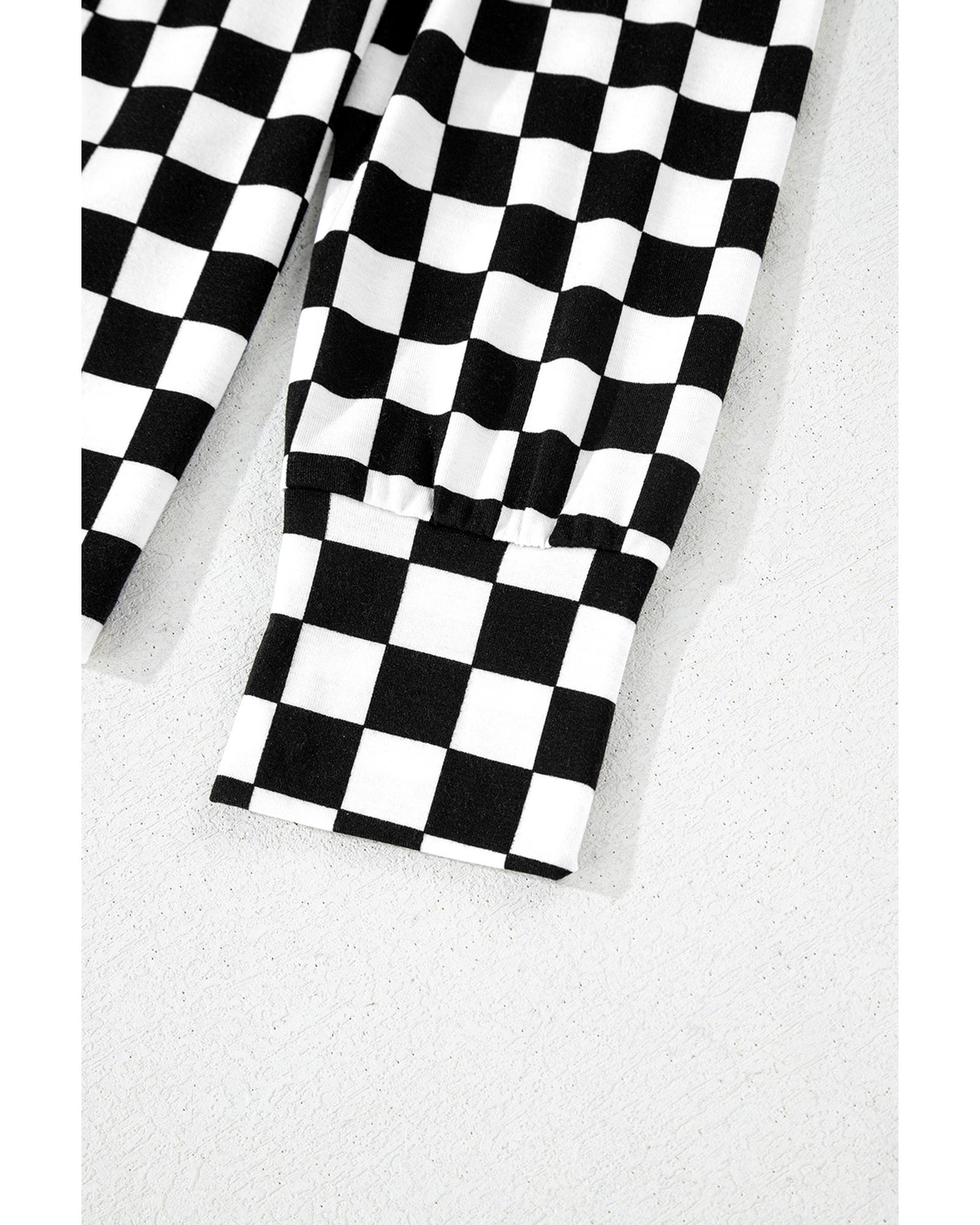 Black Checkered Print Long Sleeve Top and Pants Lounge Set - L