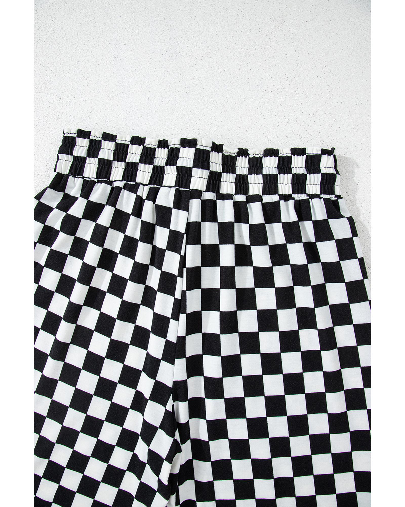 Black Checkered Print Long Sleeve Top and Pants Lounge Set - M