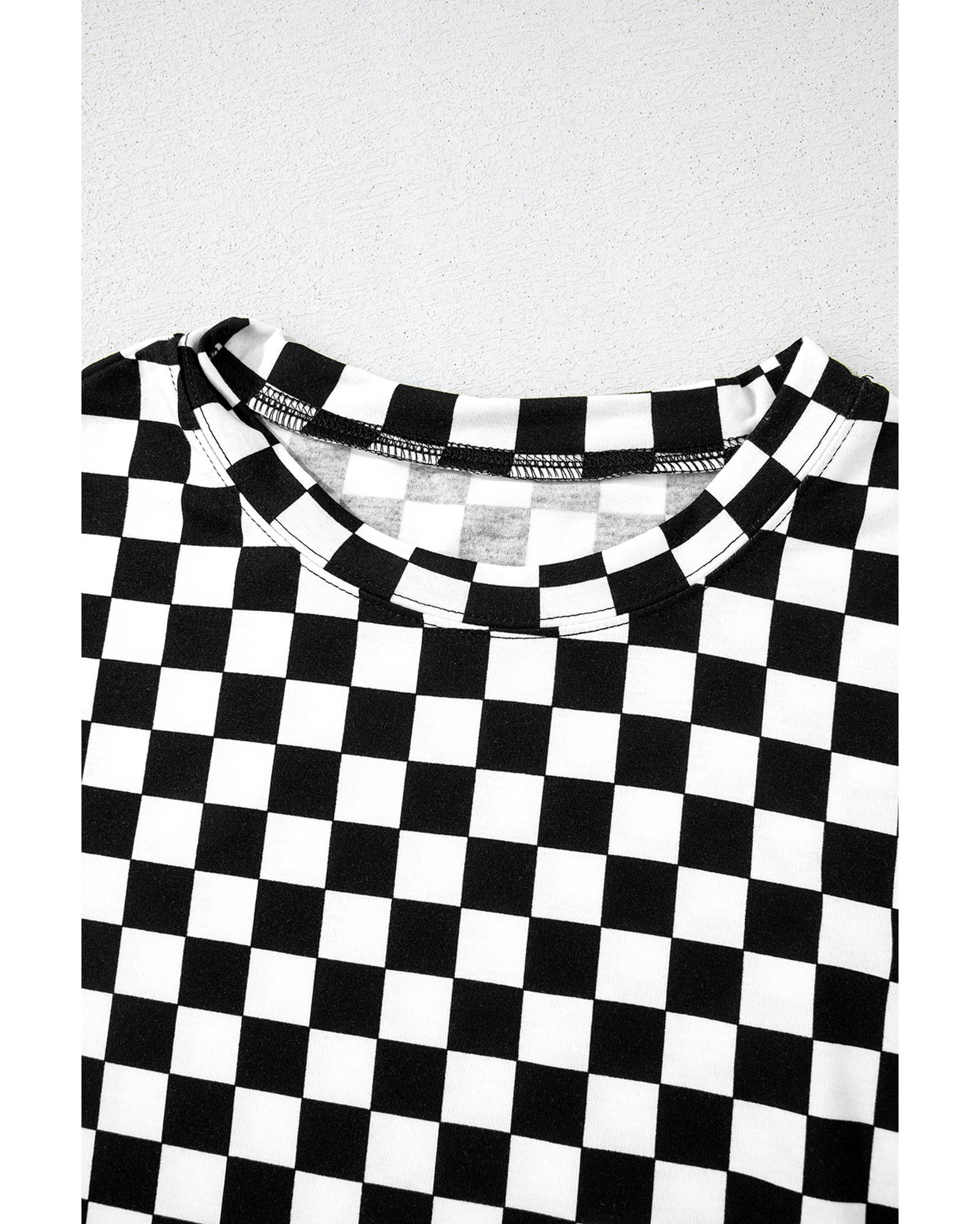 Black Checkered Print Long Sleeve Top and Pants Lounge Set - M