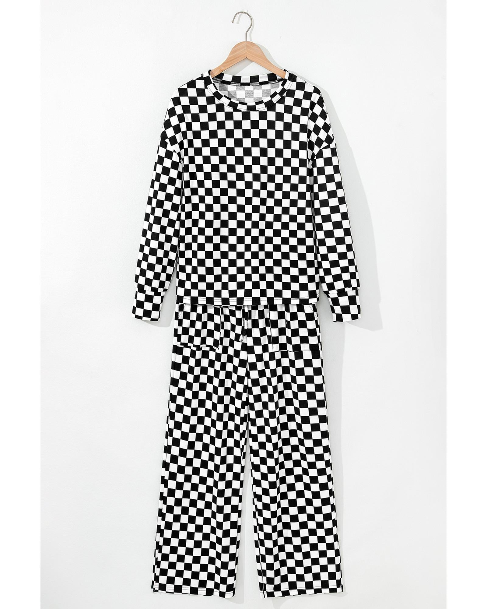 Black Checkered Print Long Sleeve Top and Pants Lounge Set - M