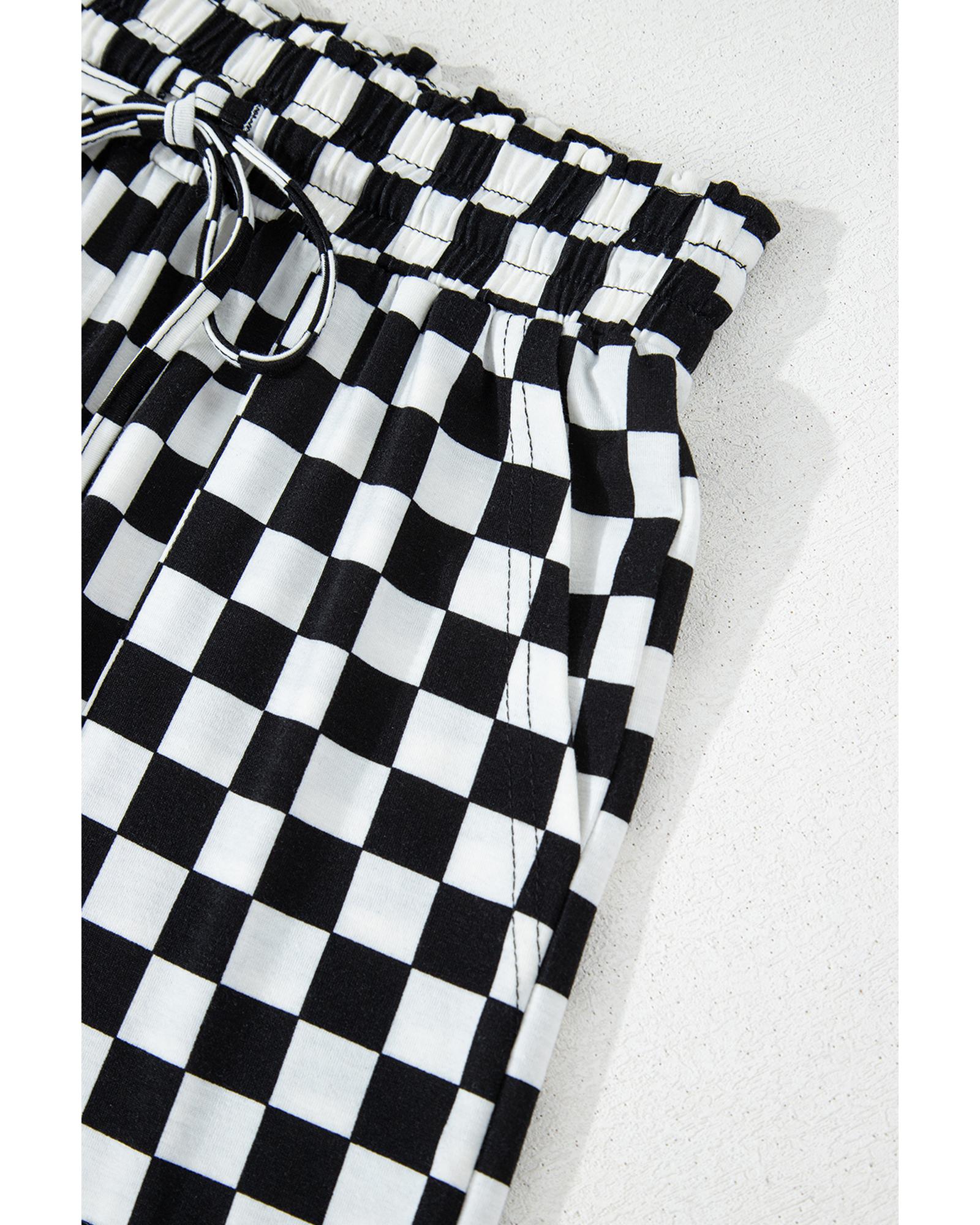 Black Checkered Print Long Sleeve Top and Pants Lounge Set - M