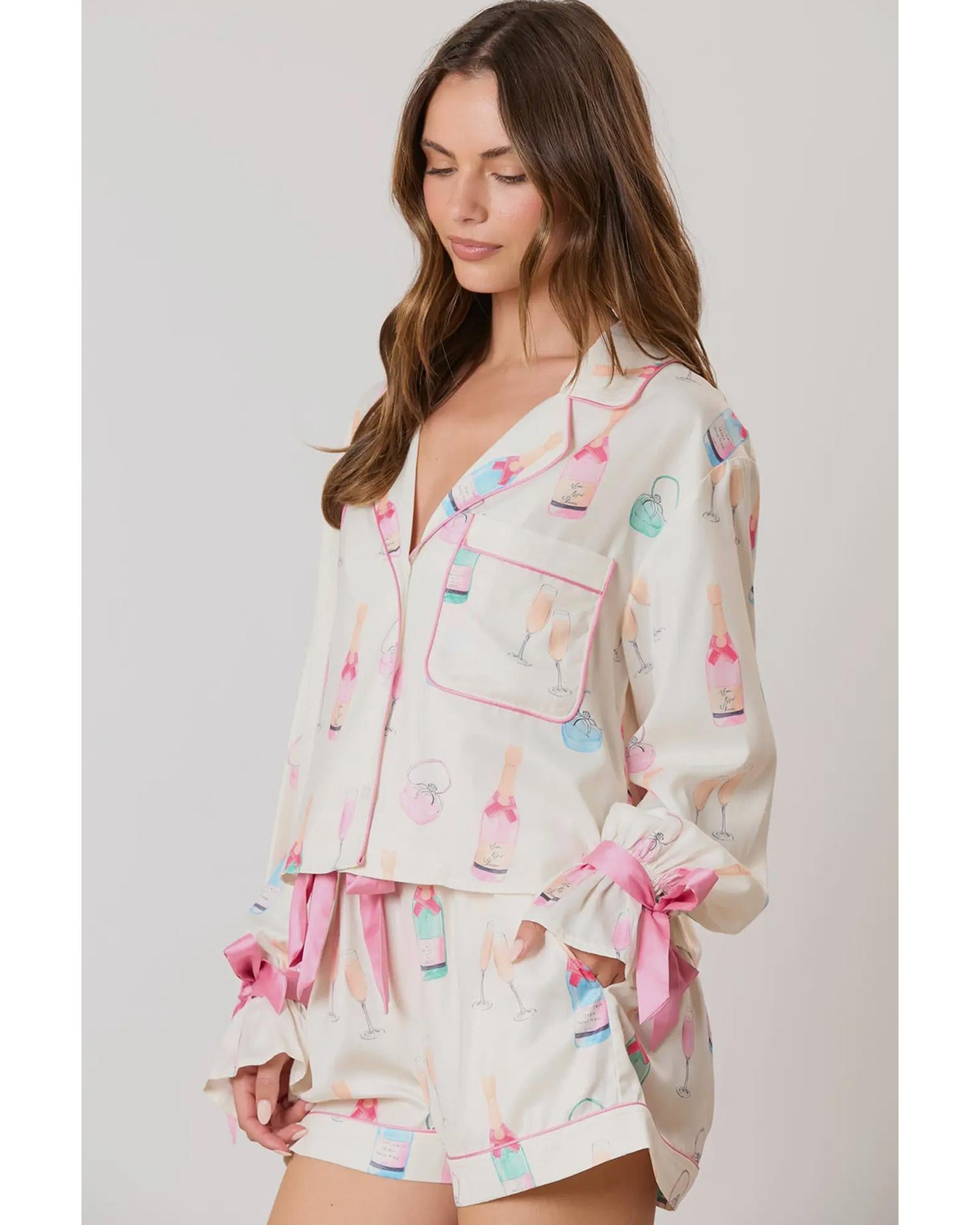 Azura Exchange White Christmas Wine Glass Print Bow Knot Two Piece Pajama Set - M