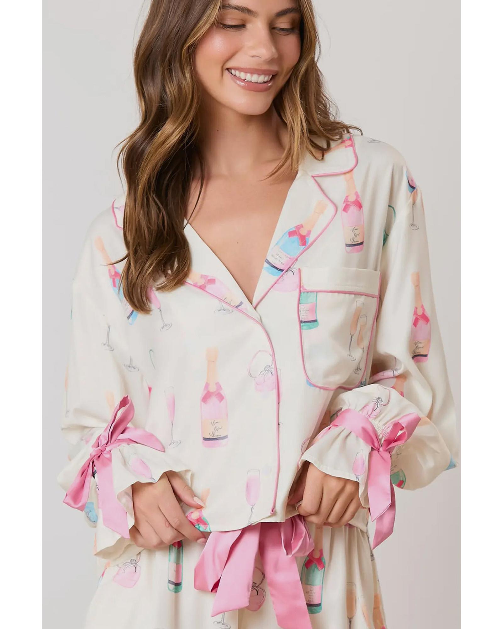 Azura Exchange White Christmas Wine Glass Print Bow Knot Two Piece Pajama Set - M