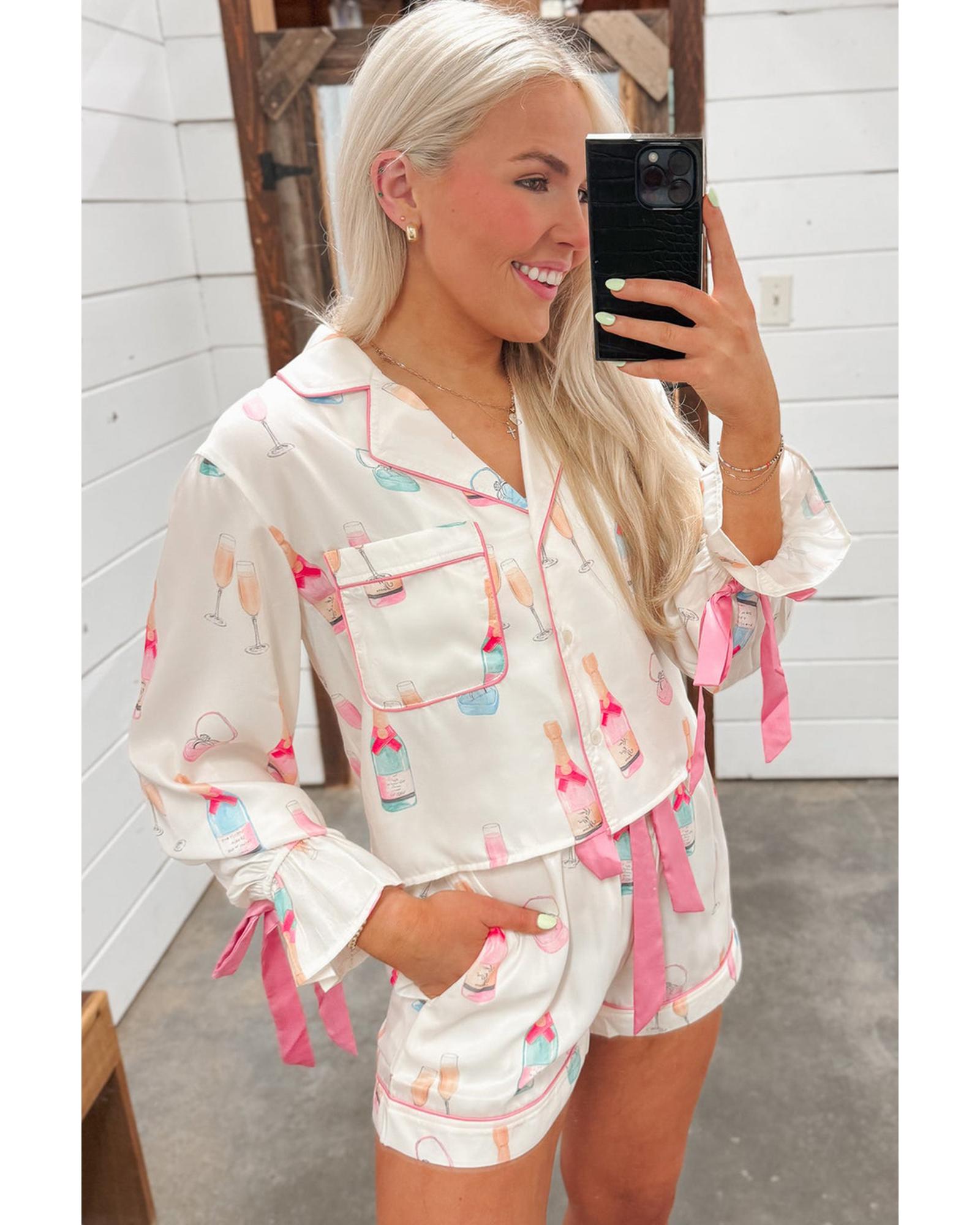 Azura Exchange White Christmas Wine Glass Print Bow Knot Two Piece Pajama Set - M