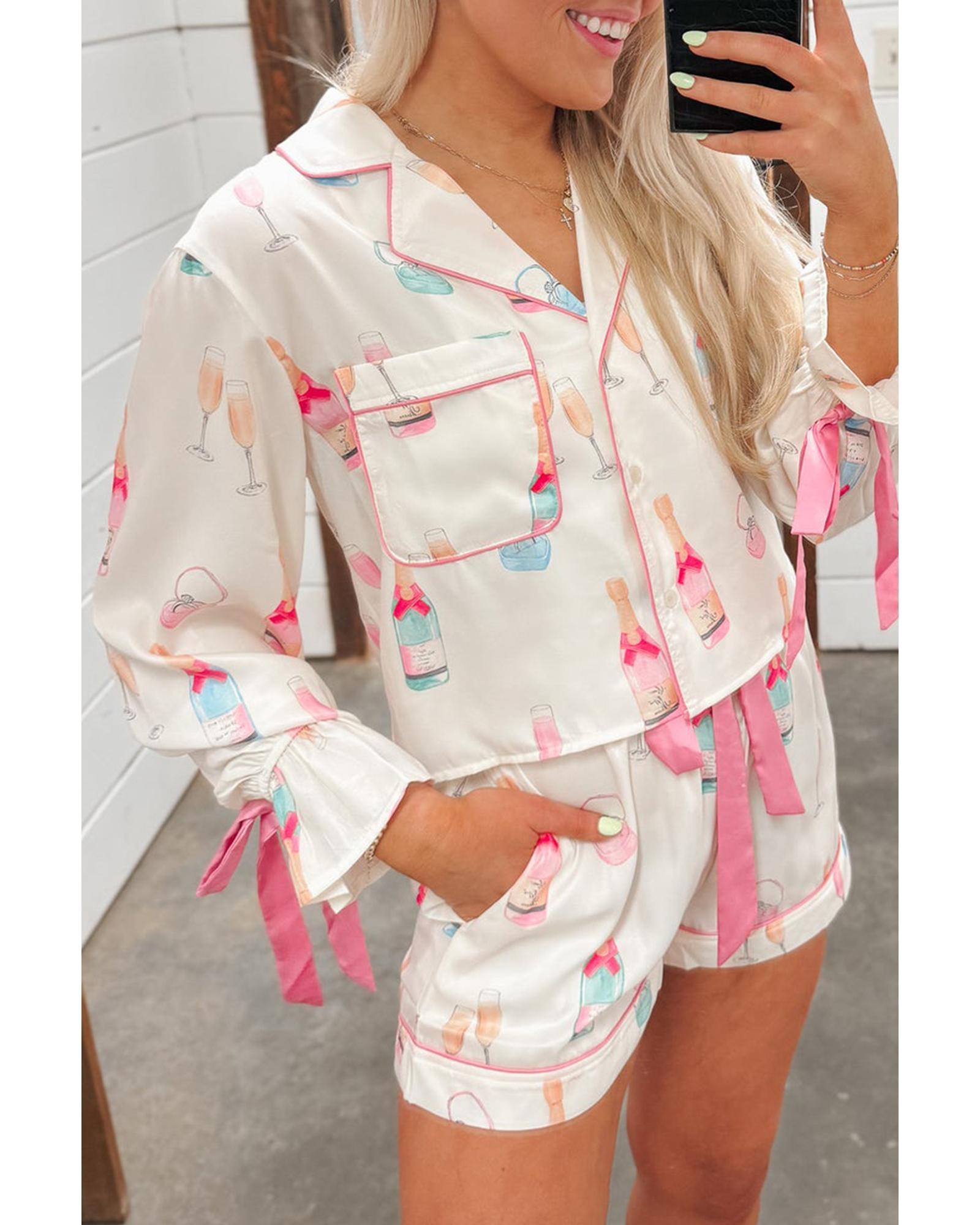Azura Exchange White Christmas Wine Glass Print Bow Knot Two Piece Pajama Set - M