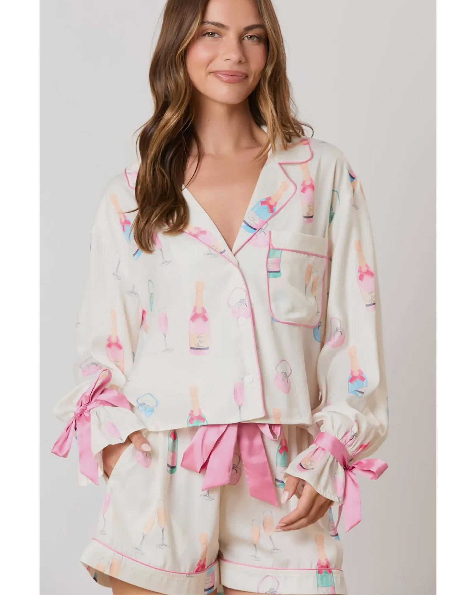 Azura Exchange White Christmas Wine Glass Print Bow Knot Two Piece Pajama Set - M
