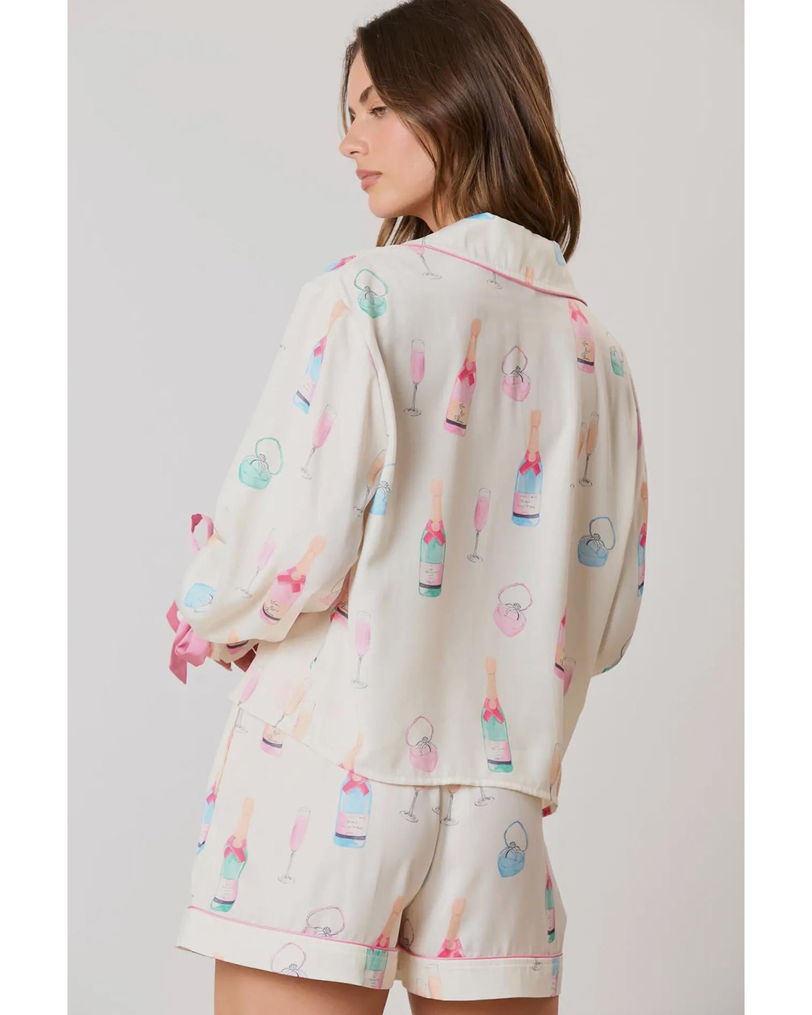 Azura Exchange White Christmas Wine Glass Print Bow Knot Two Piece Pajama Set - M