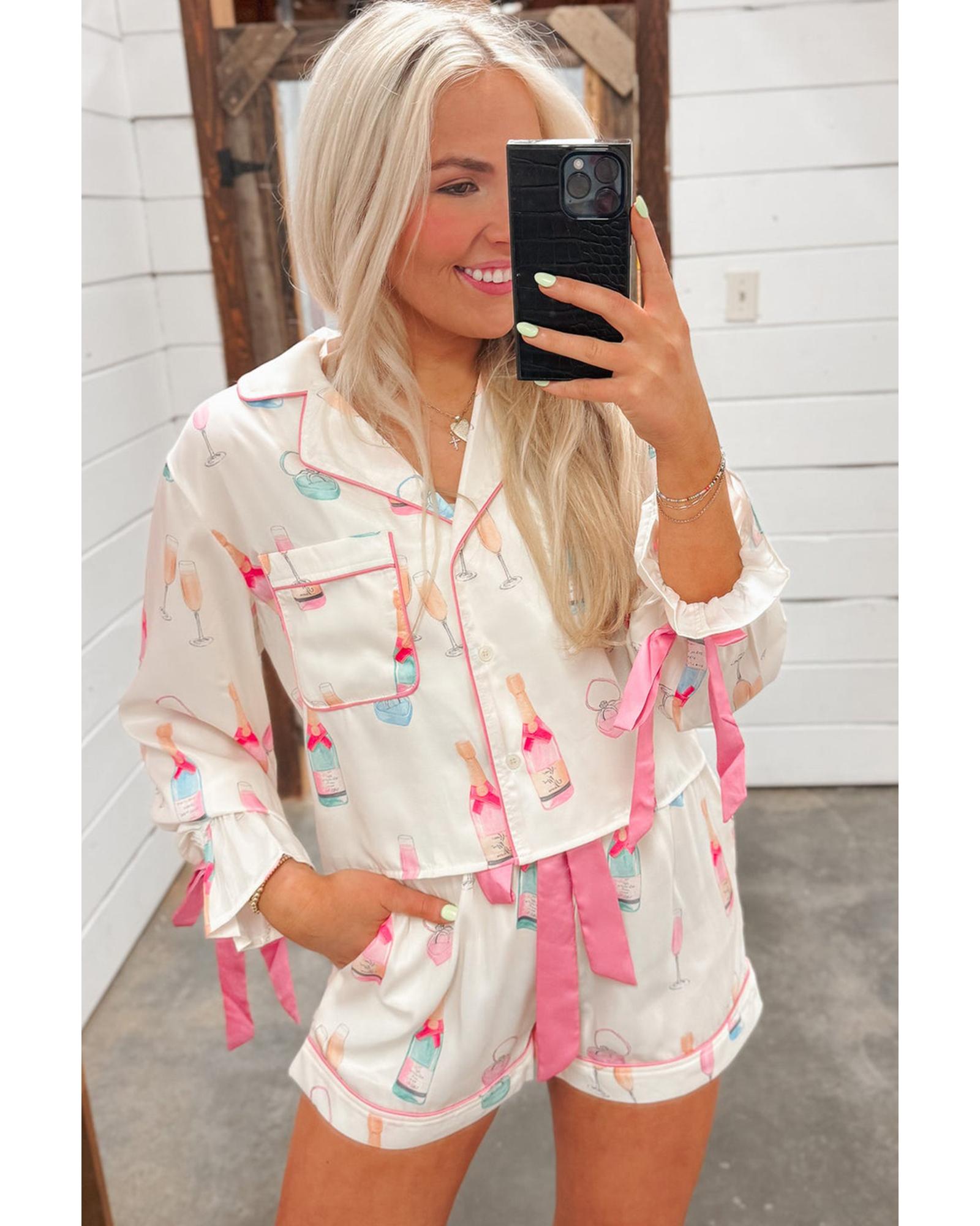 Azura Exchange White Christmas Wine Glass Print Bow Knot Two Piece Pajama Set - M