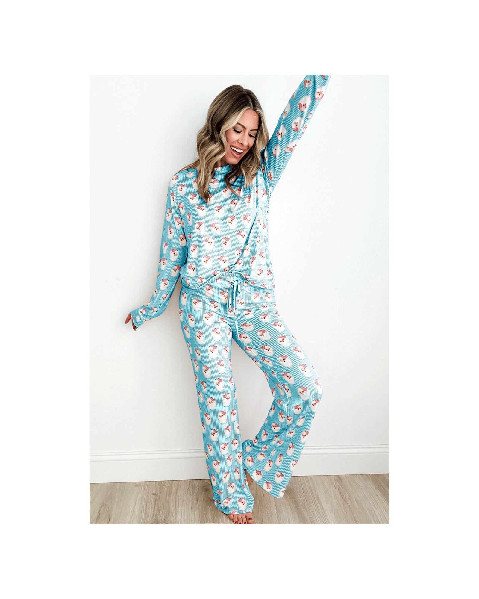 Sky Blue Santa Claus Striped Print Loose Fit Two Piece Lounge Set - XL