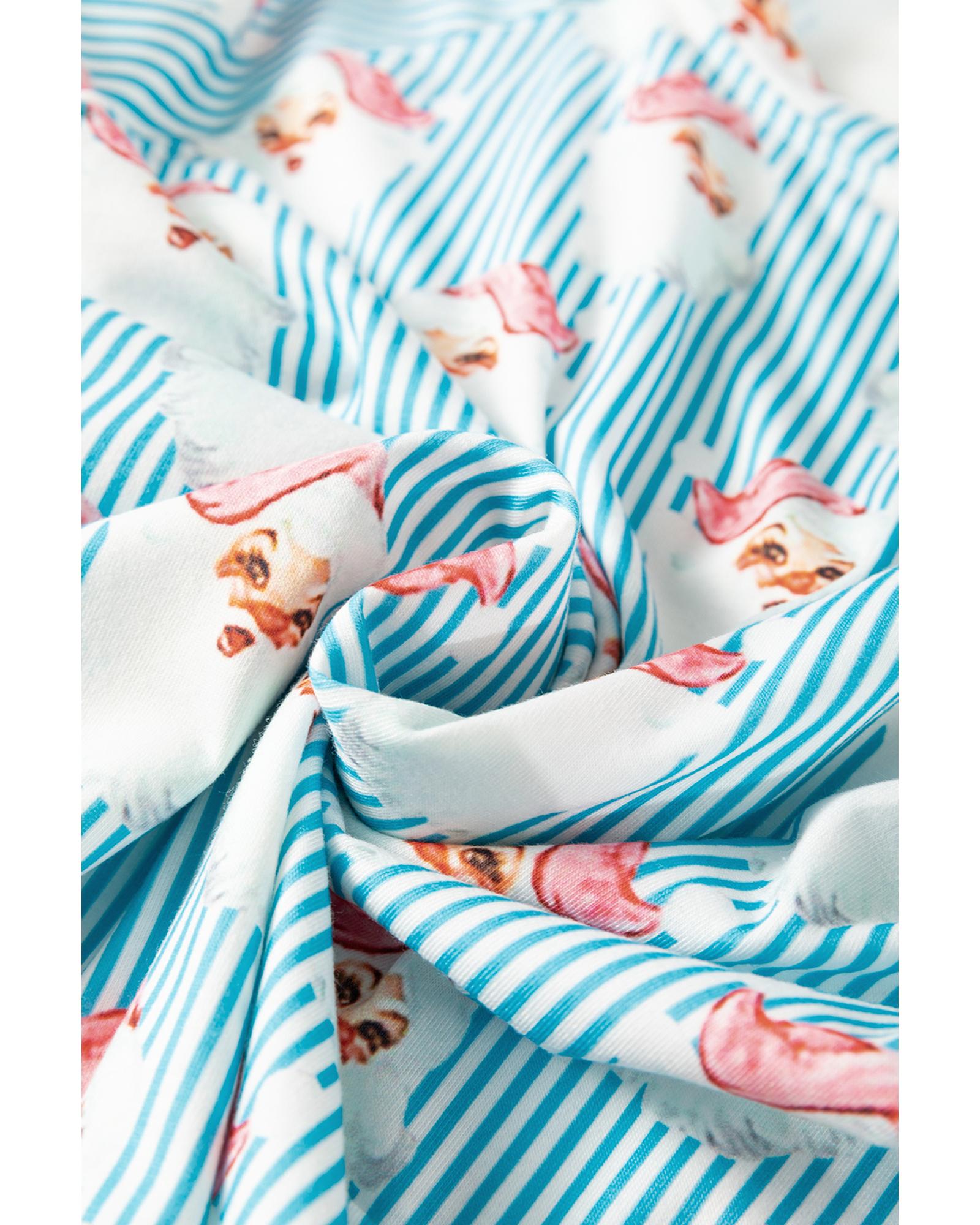 Sky Blue Santa Claus Striped Print Loose Fit Two Piece Lounge Set - XL