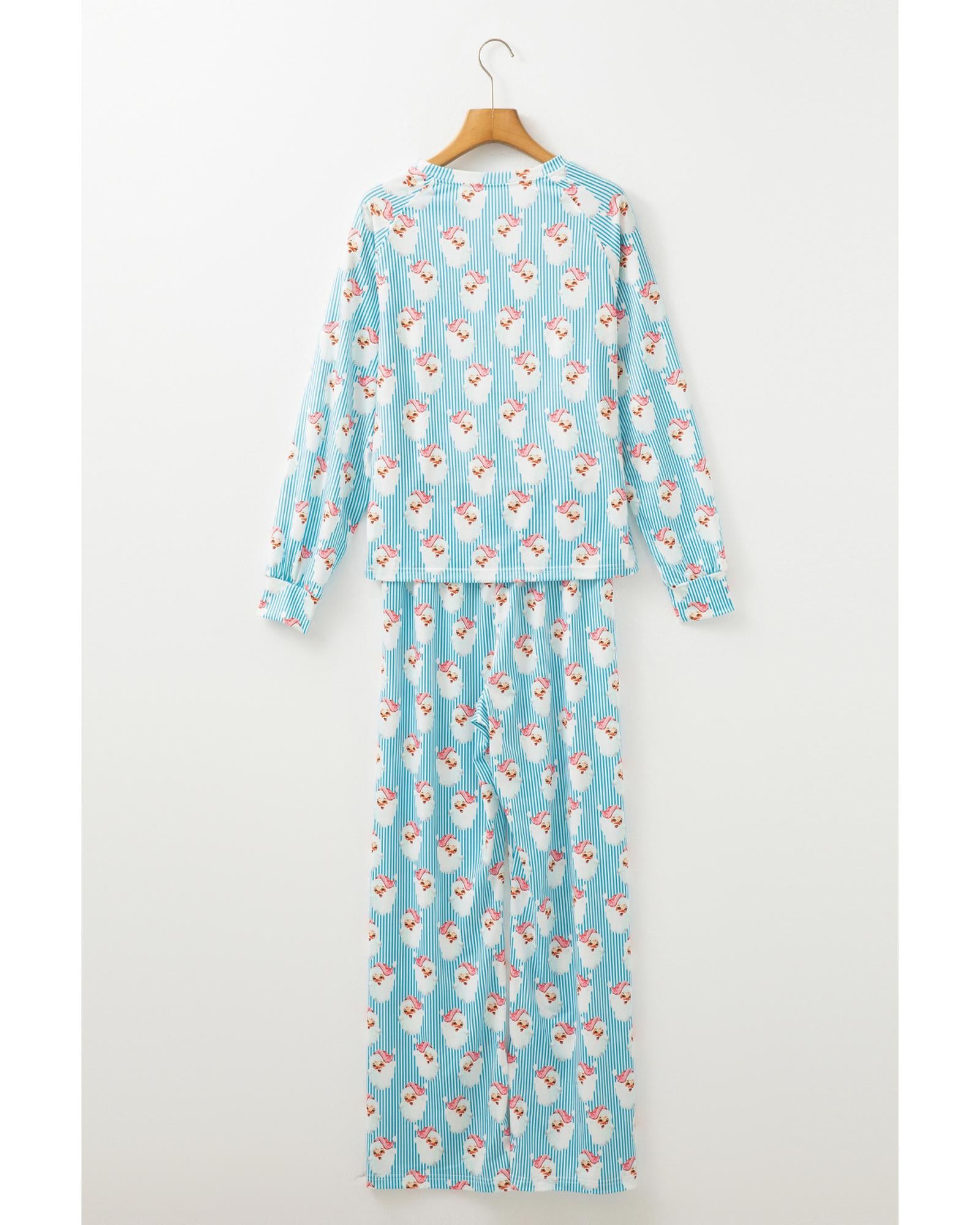 Sky Blue Santa Claus Striped Print Loose Fit Two Piece Lounge Set - XL