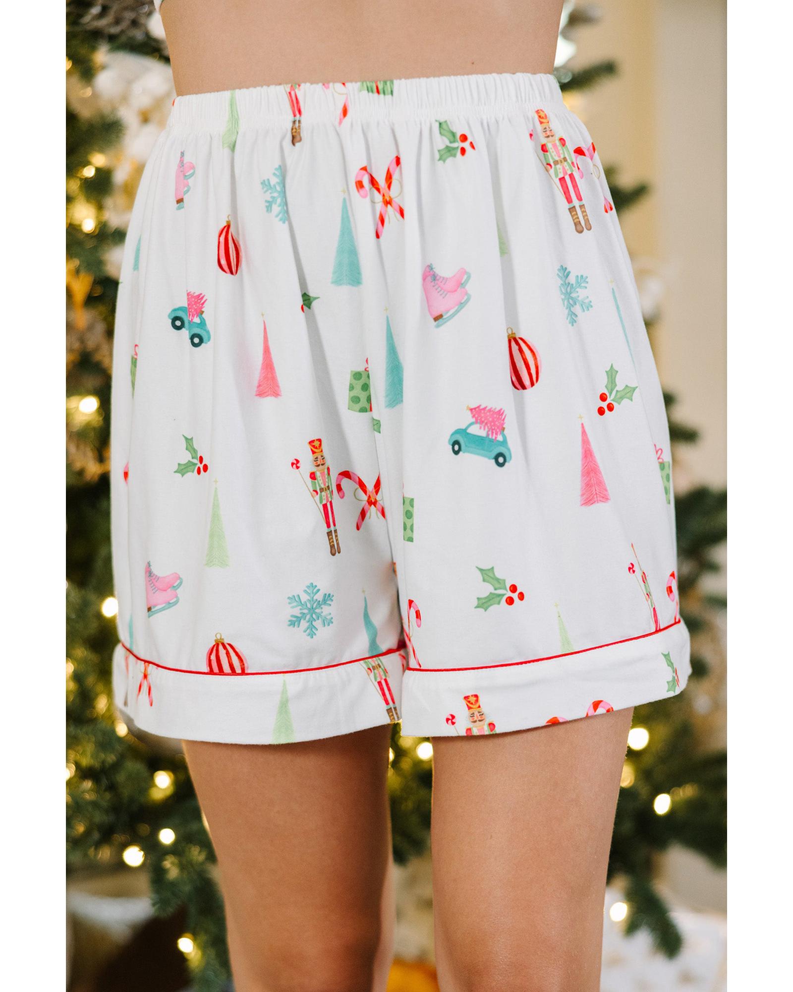White Christmas Print Short Sleeve Shirt and Shorts Pajama Set - 2XL