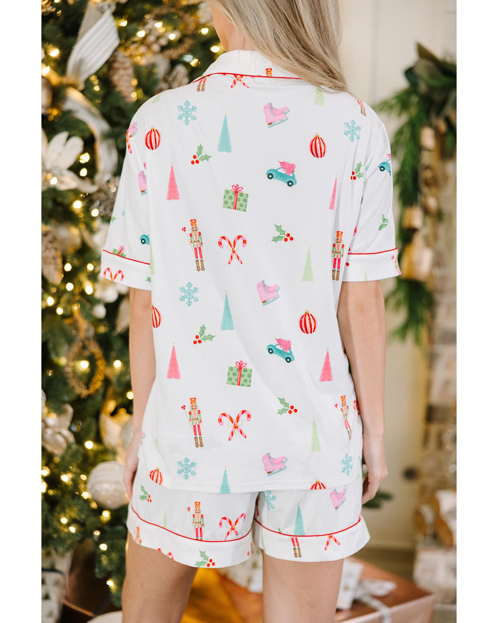White Christmas Print Short Sleeve Shirt and Shorts Pajama Set - 2XL
