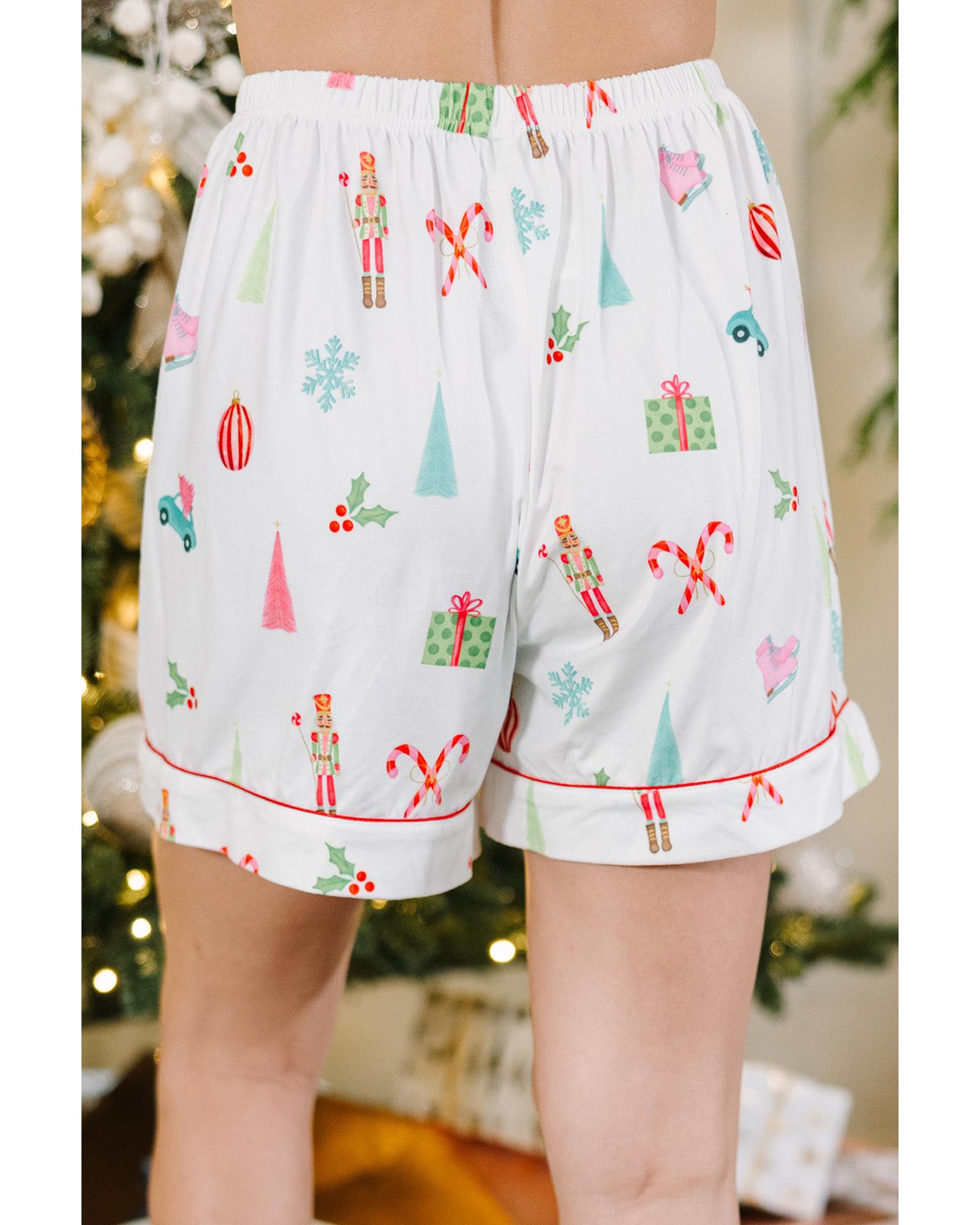 White Christmas Print Short Sleeve Shirt and Shorts Pajama Set - 2XL