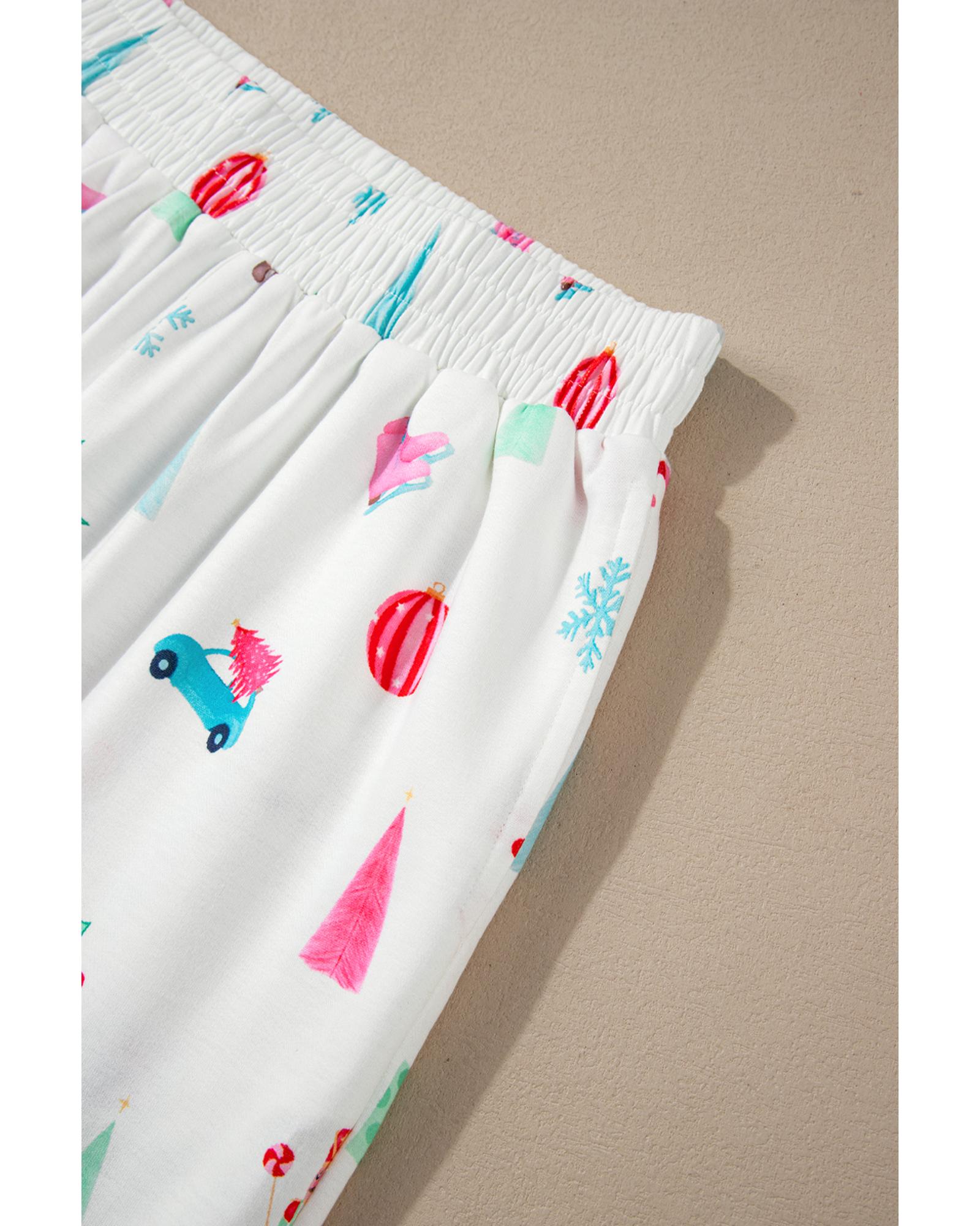 White Christmas Print Lapel Shirt and Pants Sleepwear - L