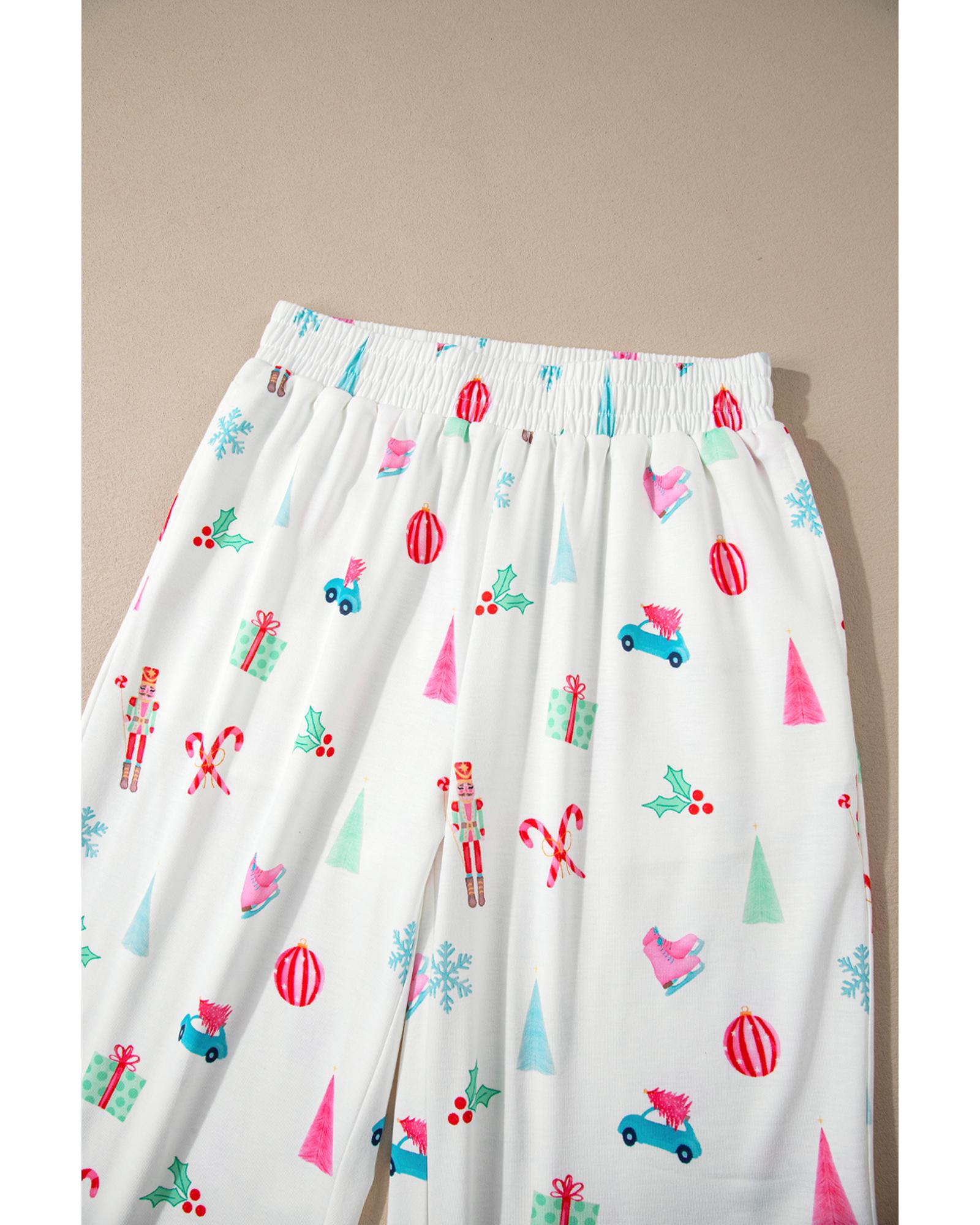 White Christmas Print Lapel Shirt and Pants Sleepwear - L