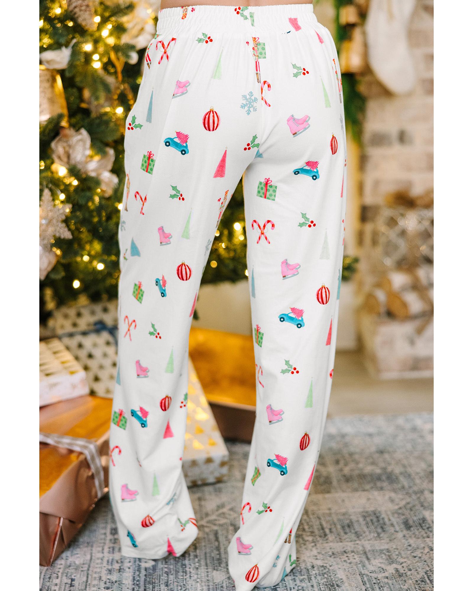 White Christmas Print Lapel Shirt and Pants Sleepwear - M