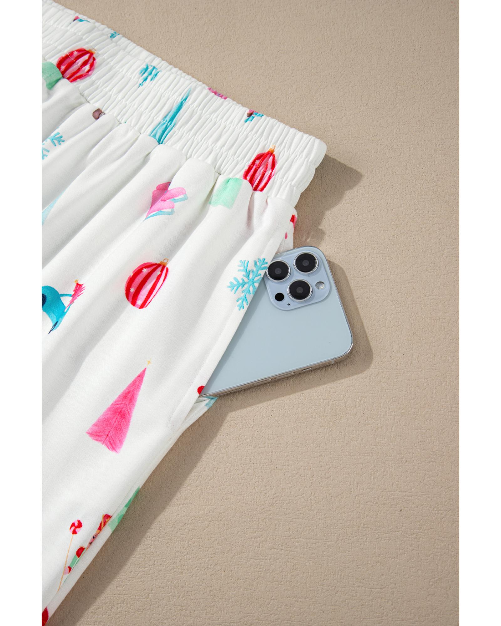 White Christmas Print Lapel Shirt and Pants Sleepwear - M