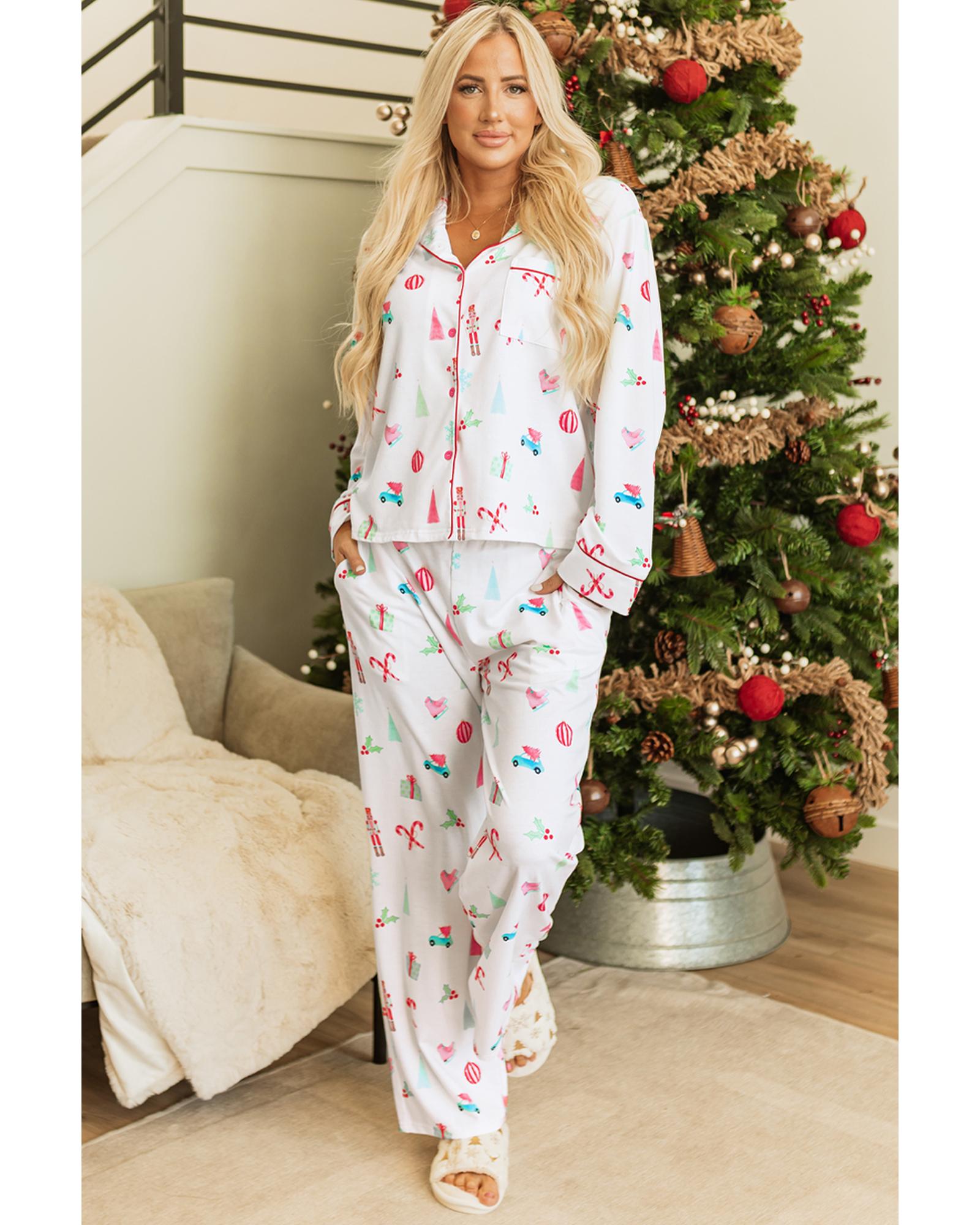 White Christmas Print Lapel Shirt and Pants Sleepwear - M