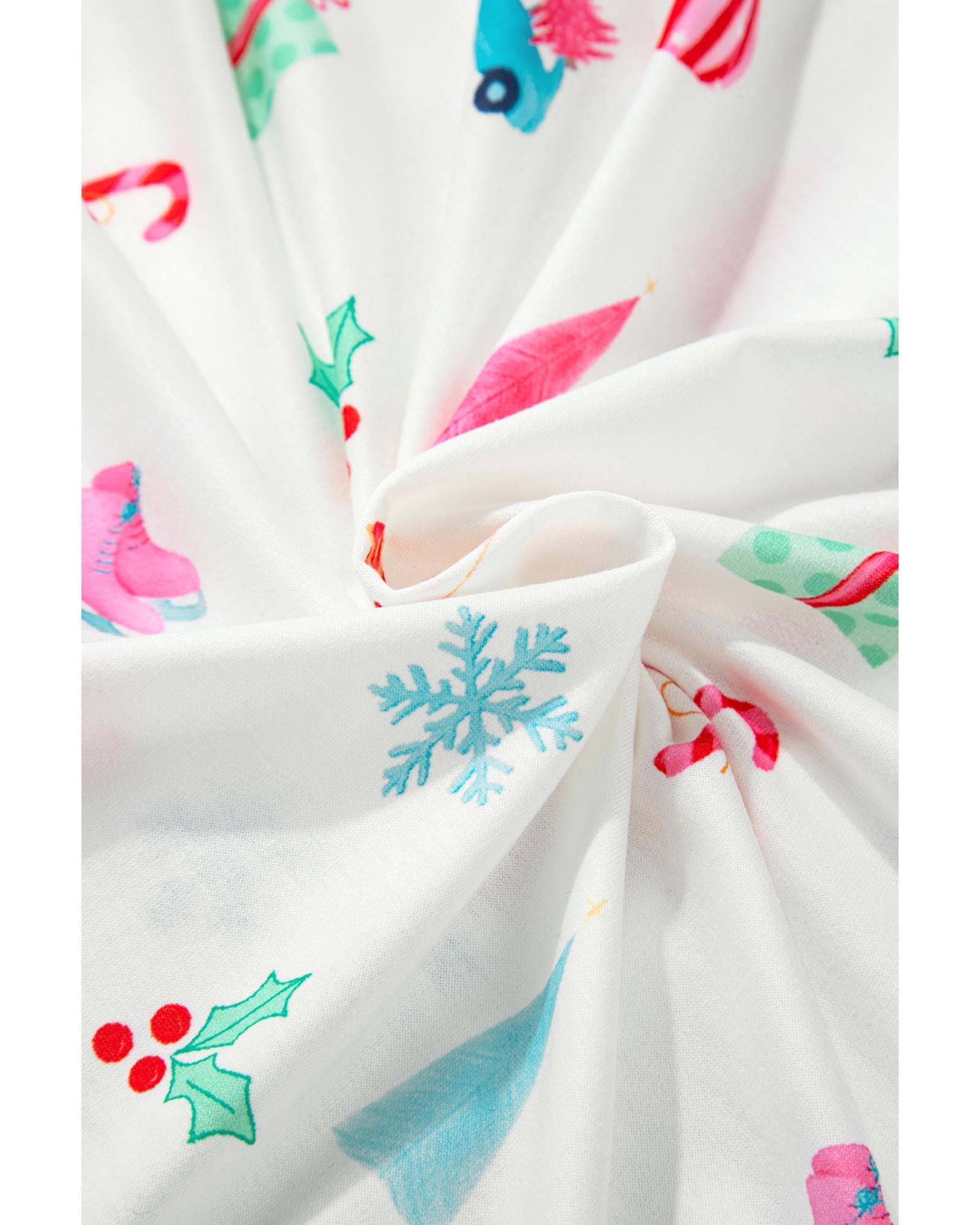 White Christmas Print Lapel Shirt and Pants Sleepwear - M