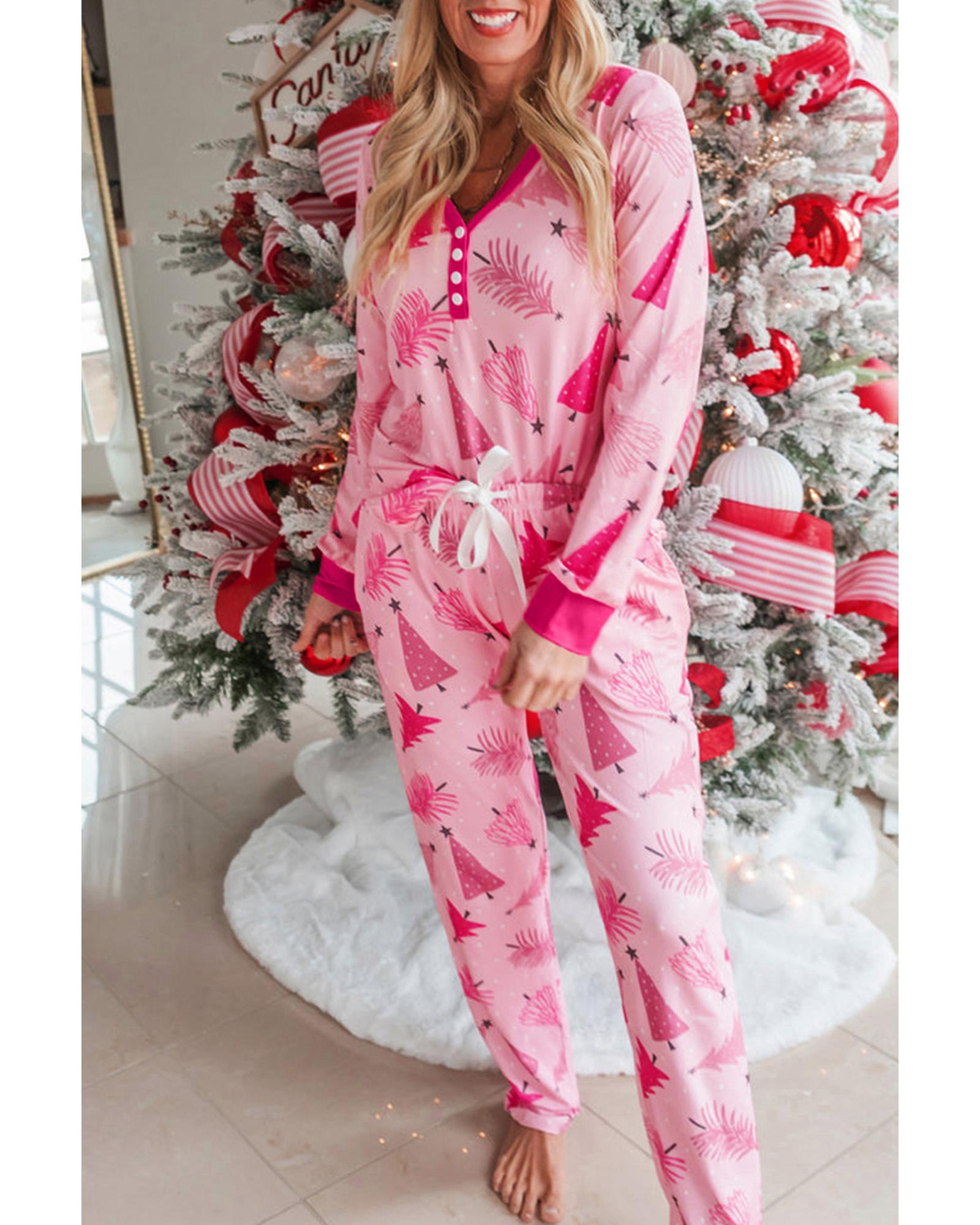 Pink Christmas Tree Print V Neck Buttoned Pullover and Drawstring Pants Lounge Set - L