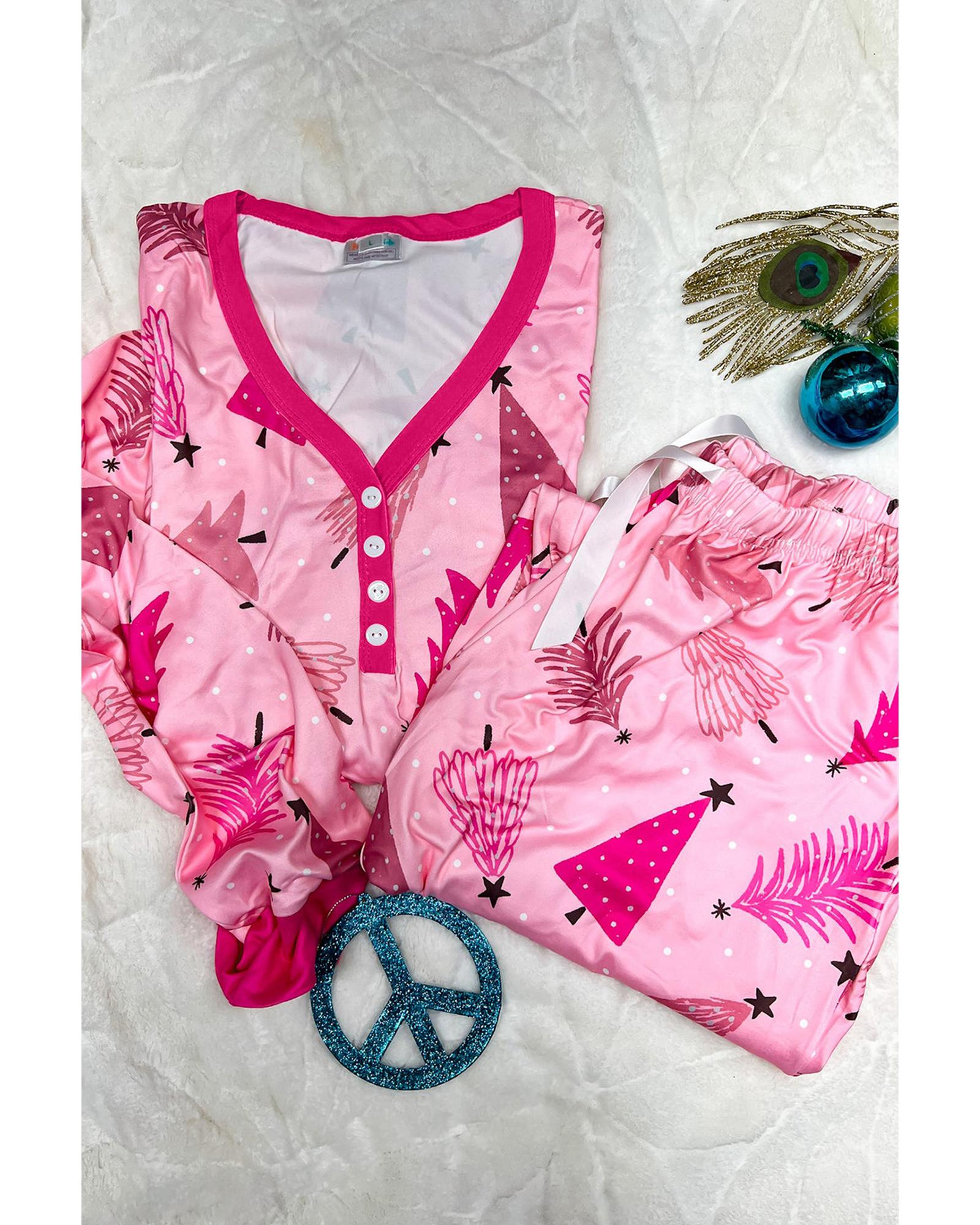 Pink Christmas Tree Print V Neck Buttoned Pullover and Drawstring Pants Lounge Set - L
