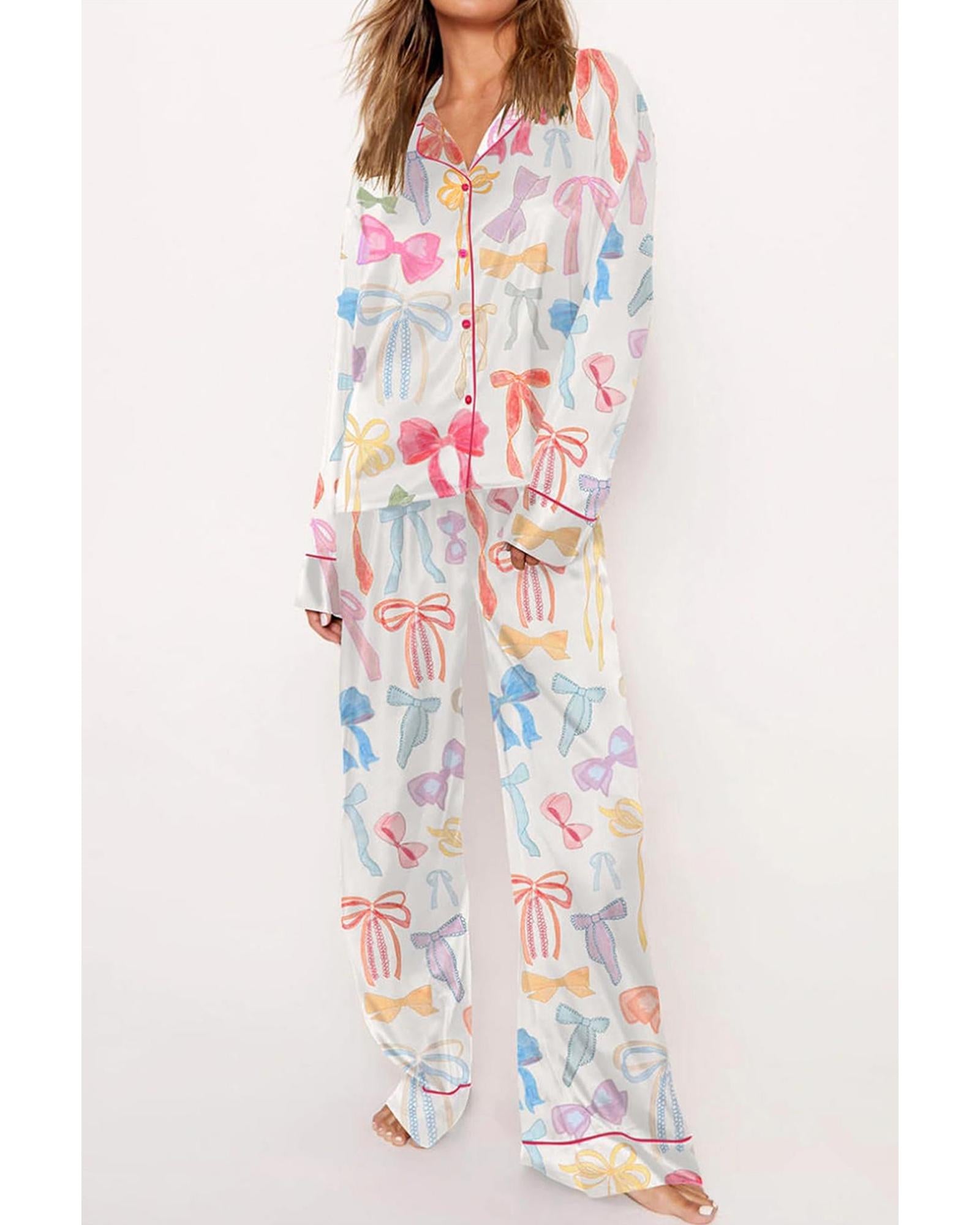 White Bow Knot Print Lapel Collar Wide Leg Satin Pajama Set - M