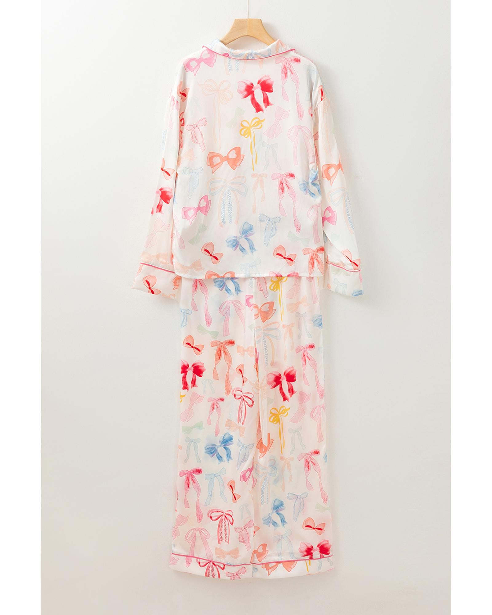 White Bow Knot Print Lapel Collar Wide Leg Satin Pajama Set - M