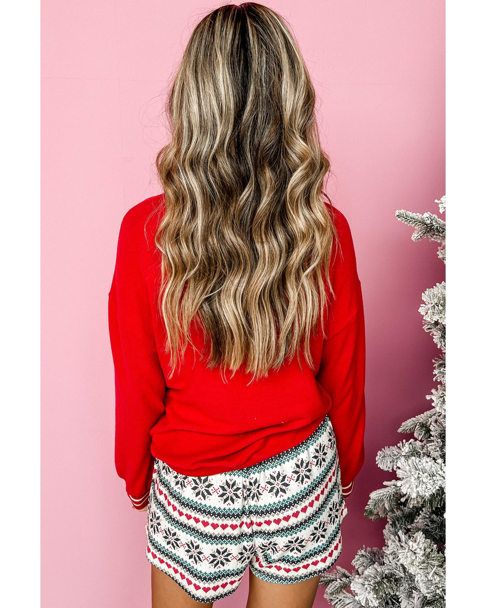 Fiery Red SLEIGH Snowflake Print Long Sleeve Wide Leg Lounge Set - S