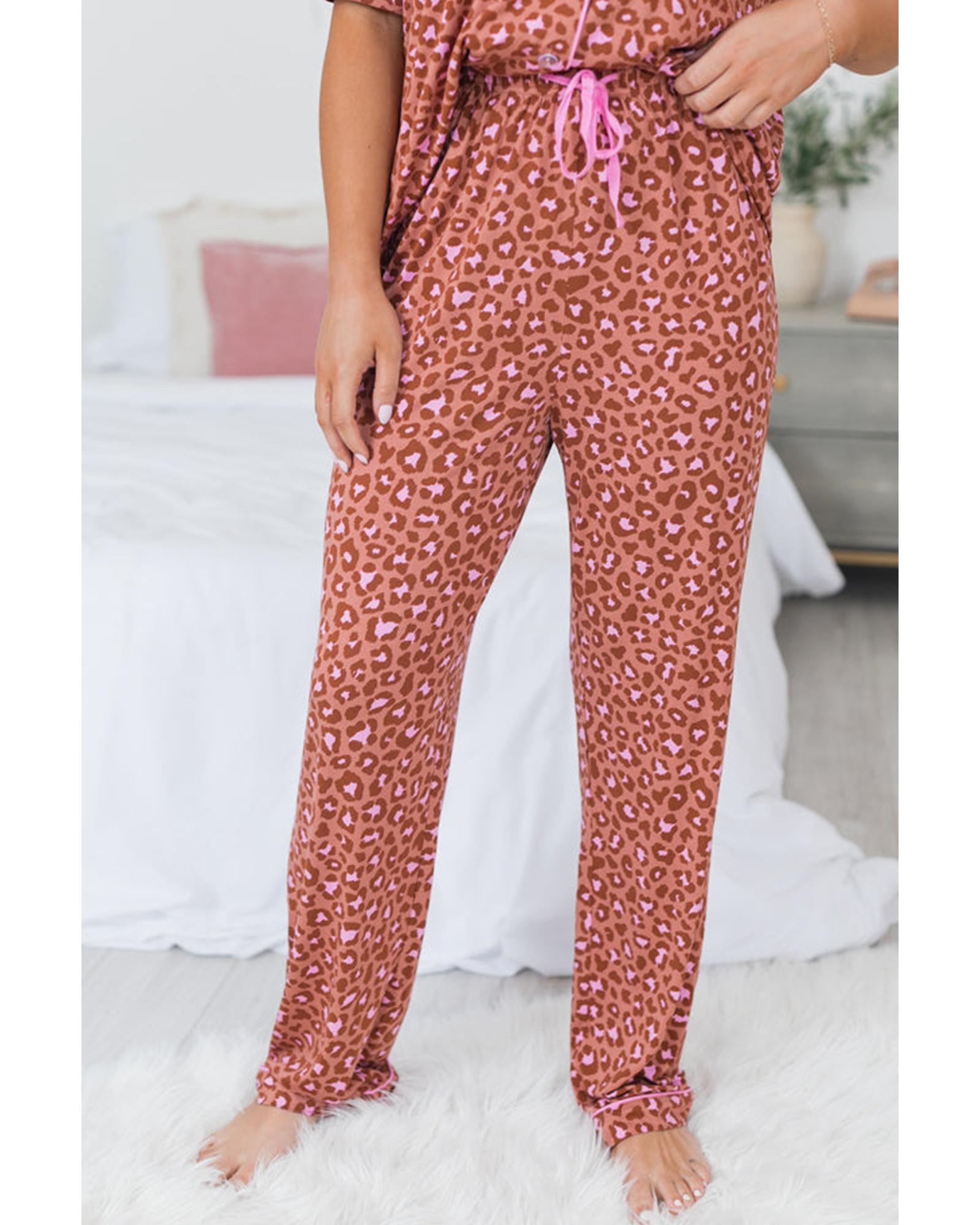 Brown Leopard Print Short Sleeve Shirt and Pants Pajamas Set - L