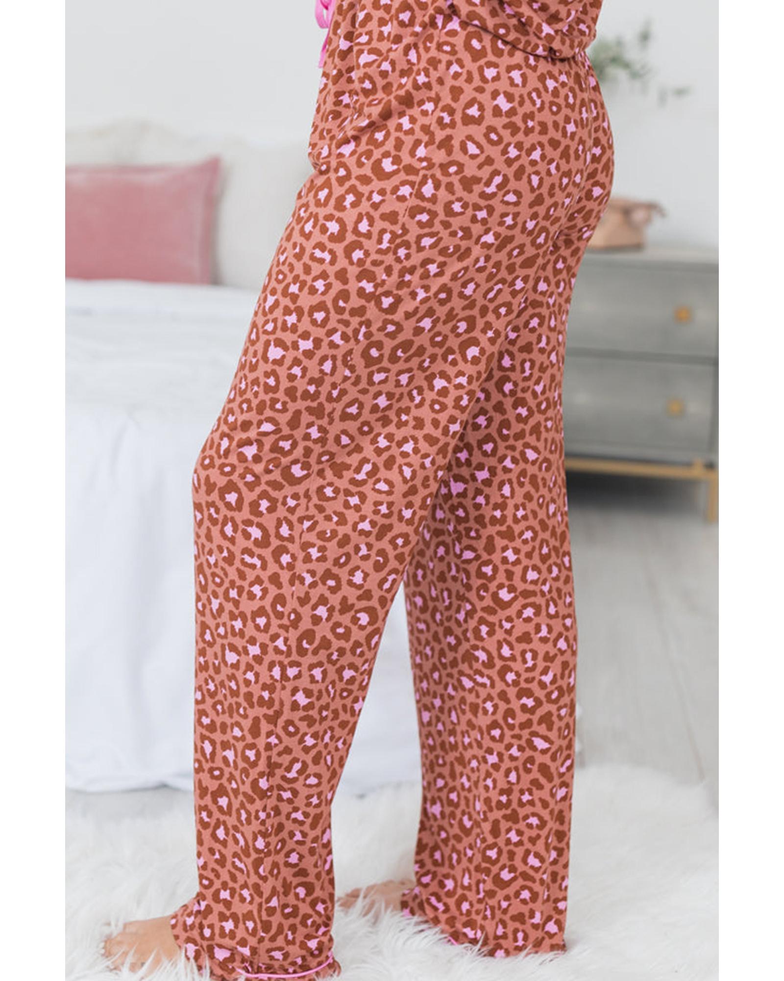 Brown Leopard Print Short Sleeve Shirt and Pants Pajamas Set - L