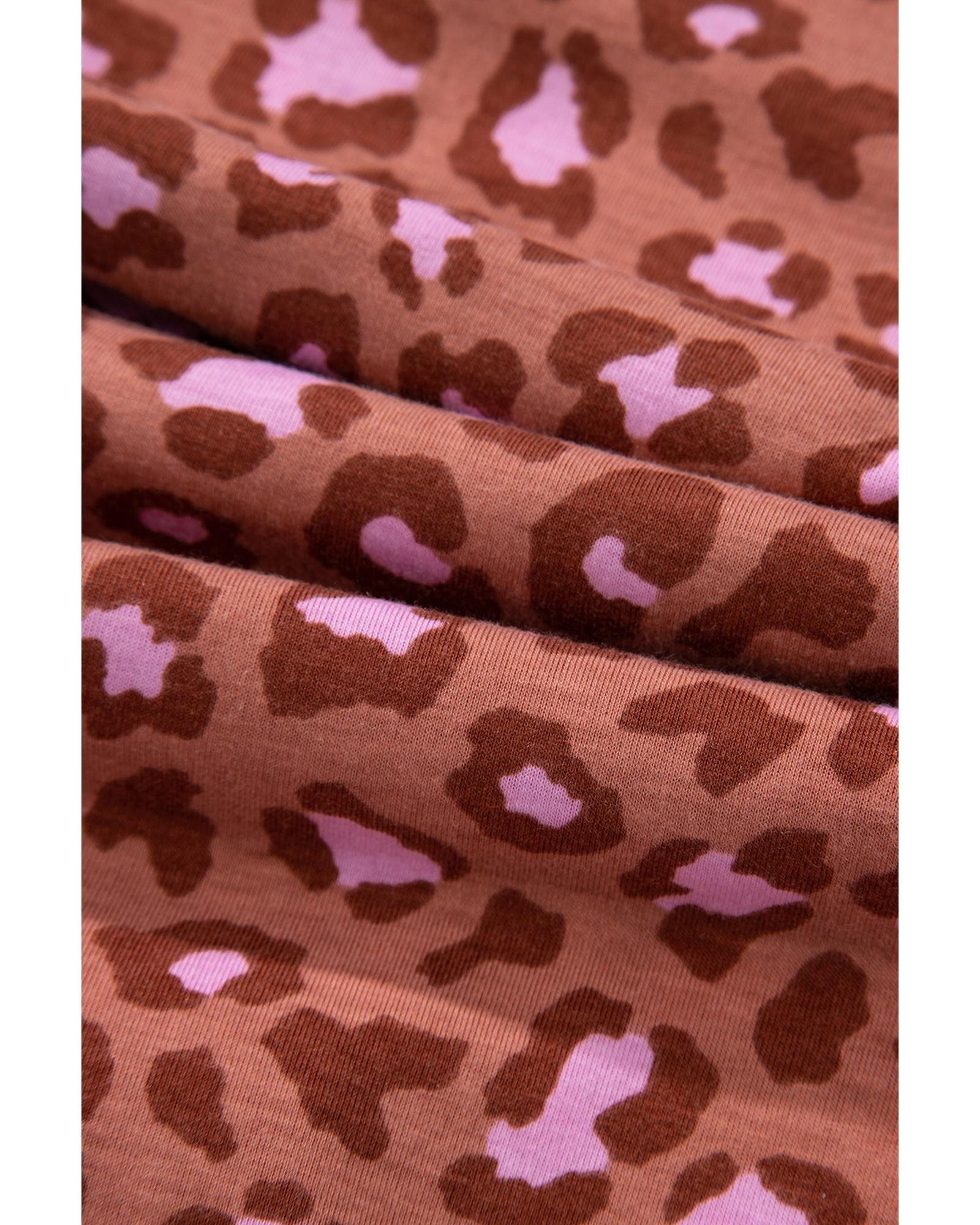 Brown Leopard Print Short Sleeve Shirt and Pants Pajamas Set - L