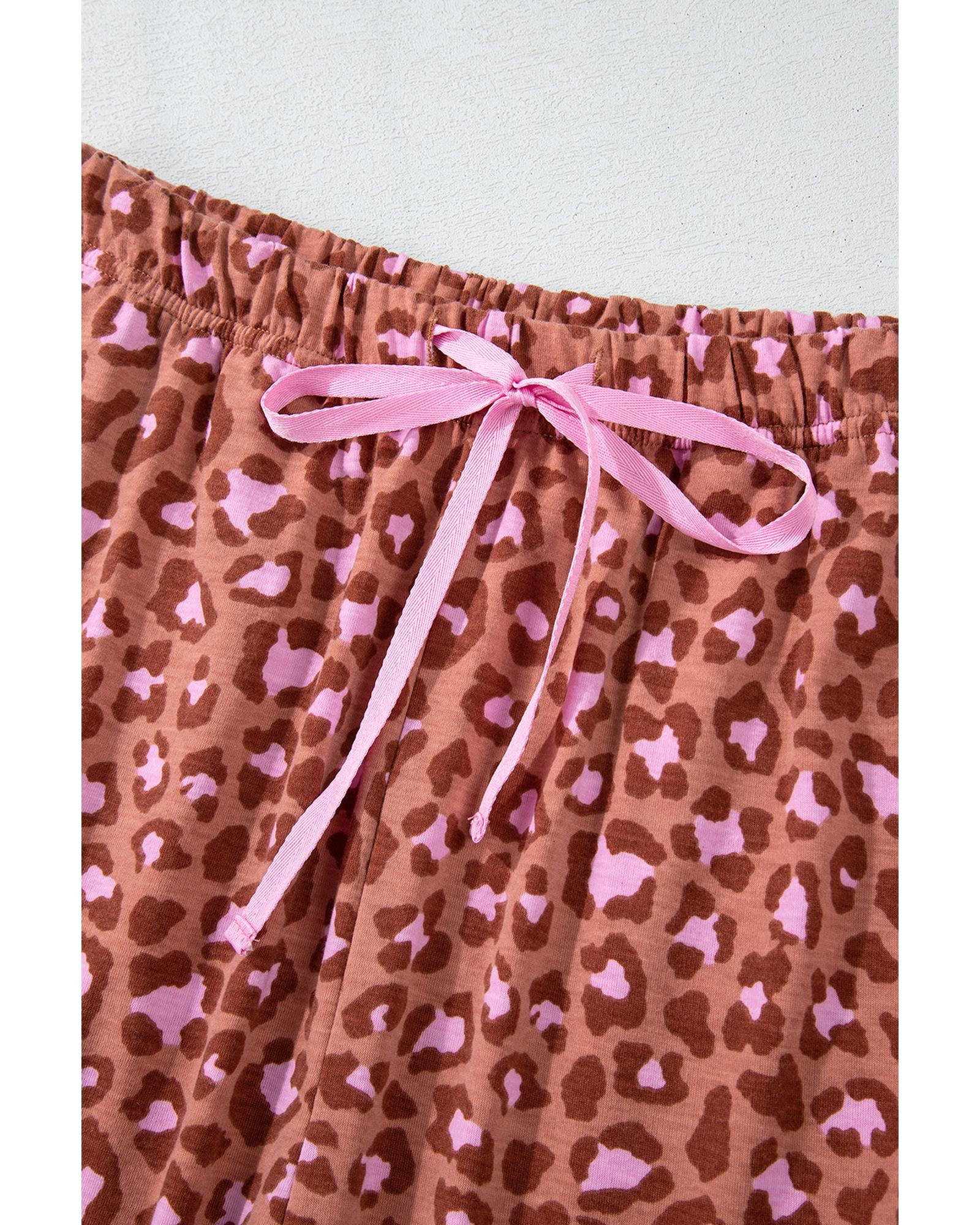 Brown Leopard Print Short Sleeve Shirt and Pants Pajamas Set - L