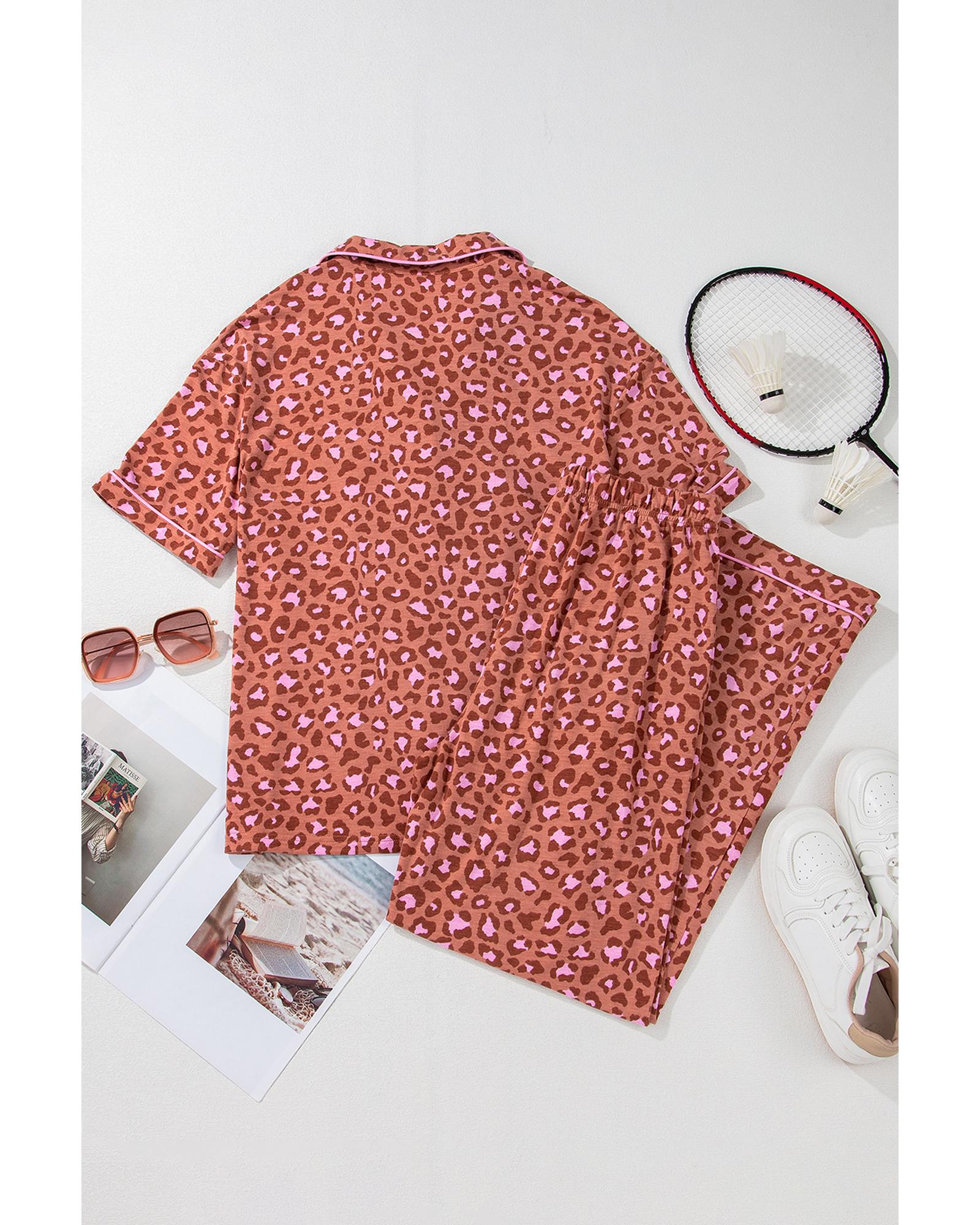 Brown Leopard Print Short Sleeve Shirt and Pants Pajamas Set - S
