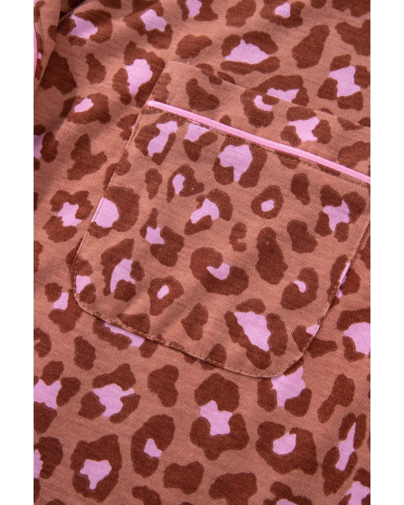 Brown Leopard Print Short Sleeve Shirt and Pants Pajamas Set - XL
